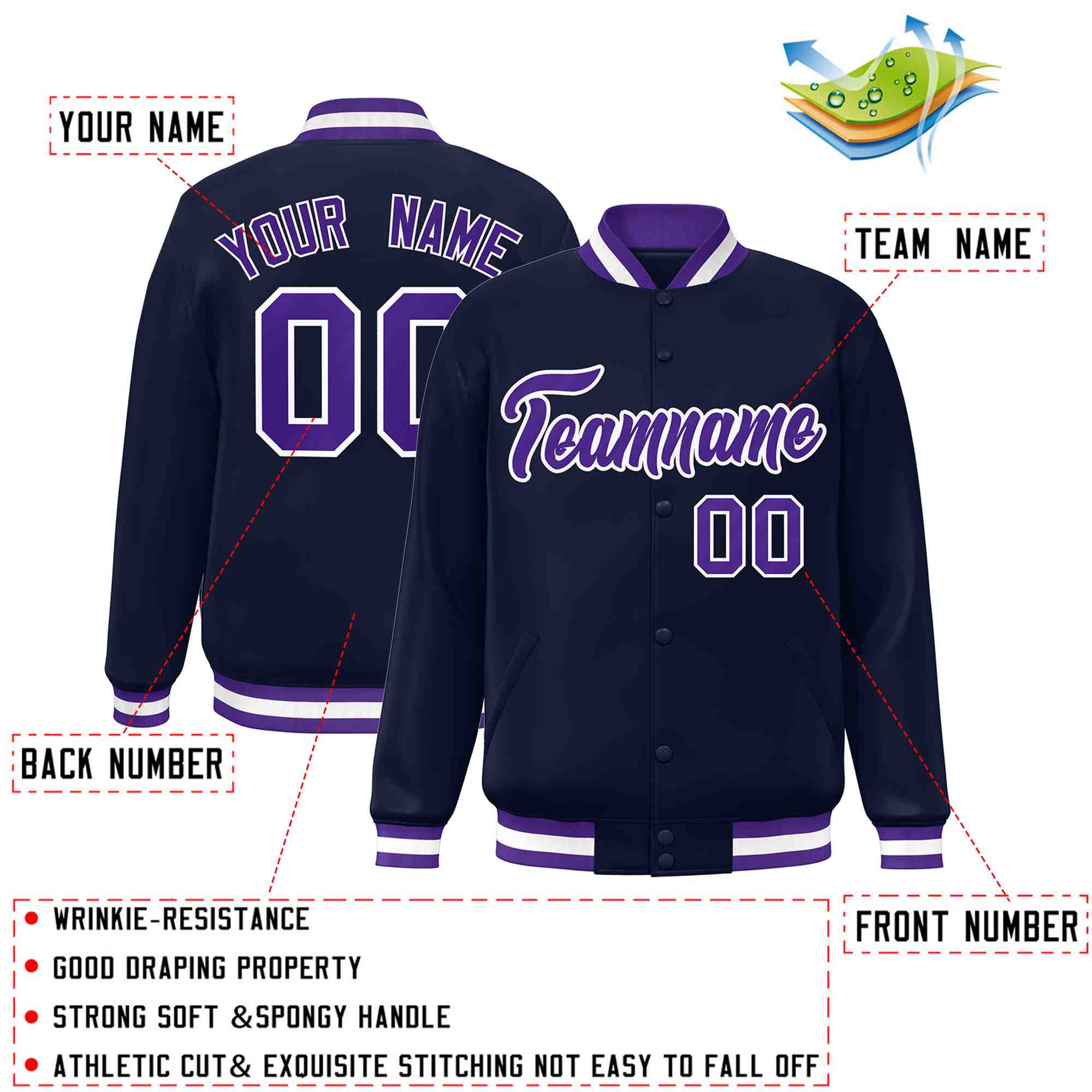 Custom Navy Purple-White Classic Style Varsity Full-Snap Letterman Jacket