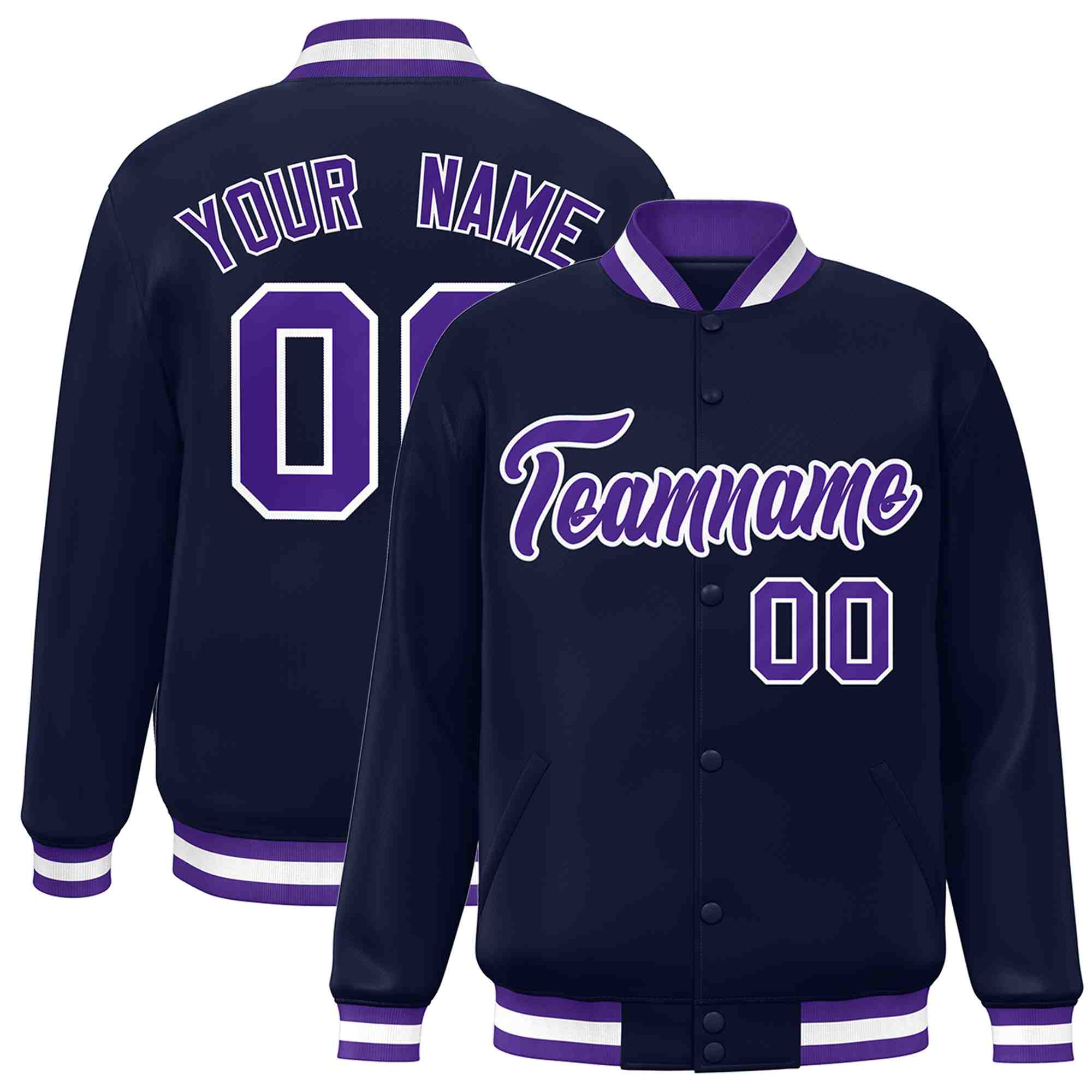 Custom Navy Purple-White Classic Style Varsity Full-Snap Letterman Jacket