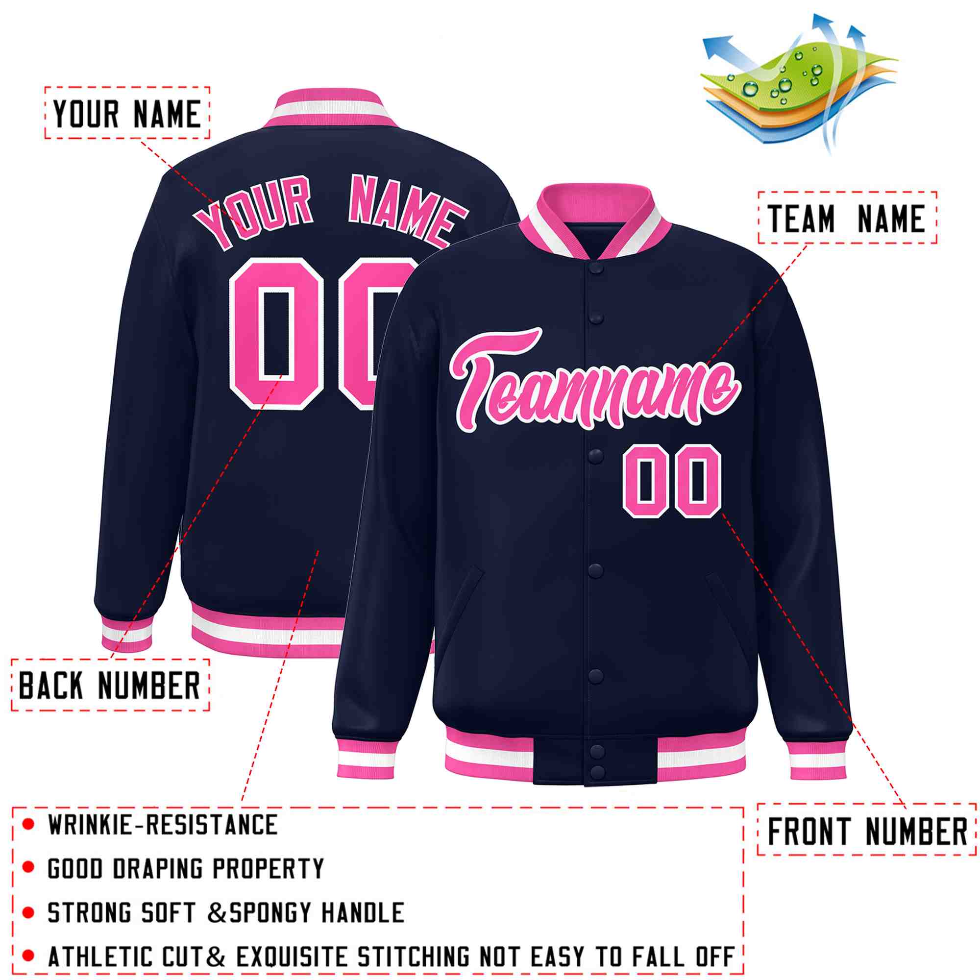 Custom Navy Pink-White Classic Style Varsity Full-Snap Letterman Jacket