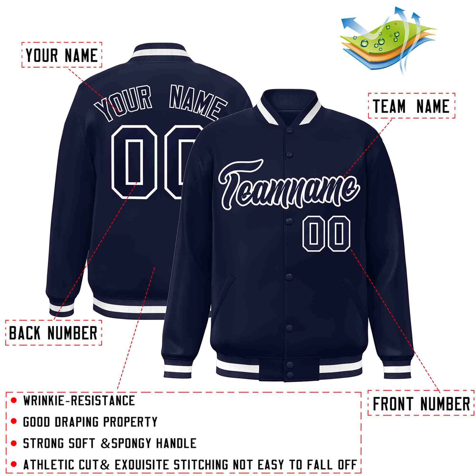 Custom Navy Navy-White Classic Style Varsity Full-Snap Letterman Jacket