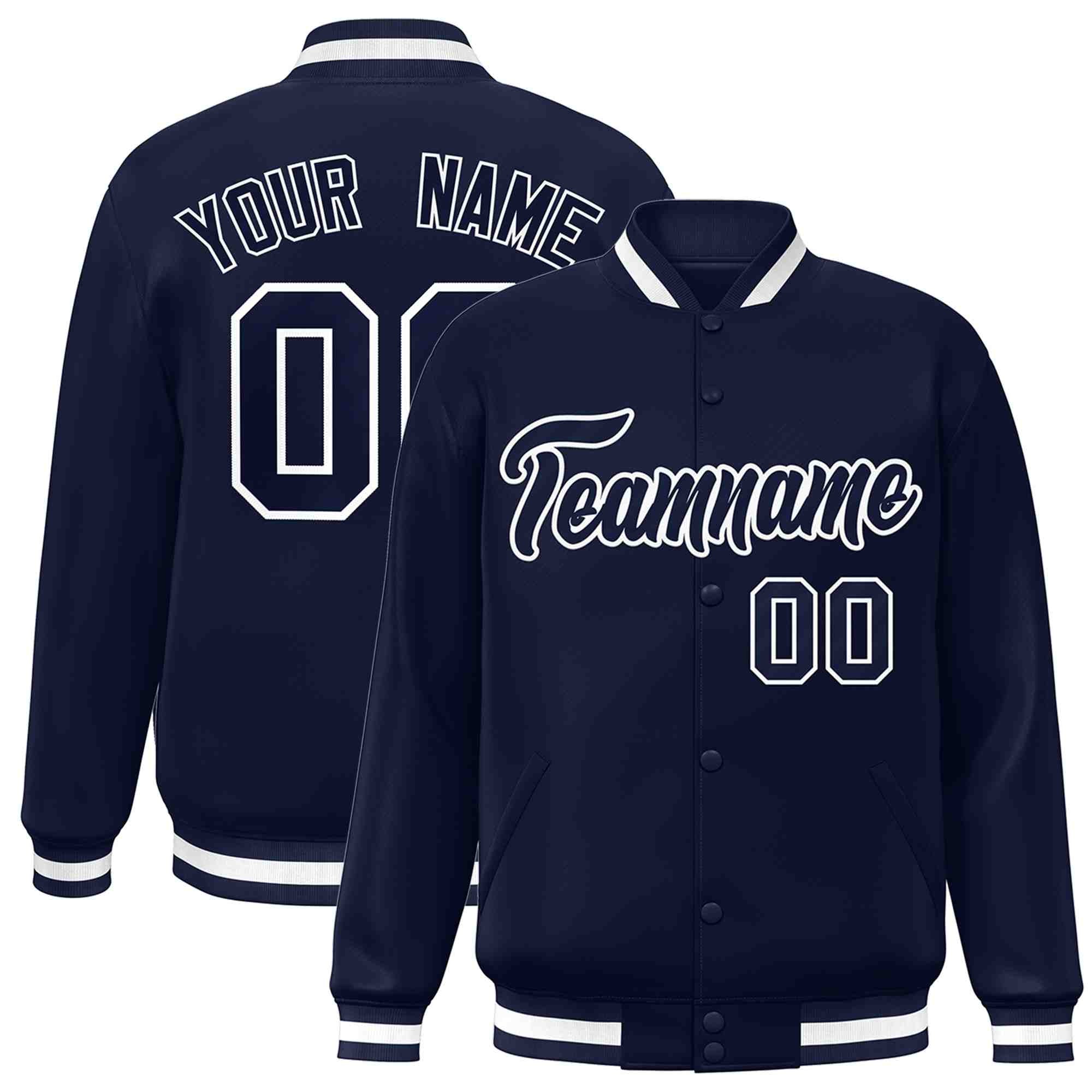 Custom Navy Navy-White Classic Style Varsity Full-Snap Letterman Jacket