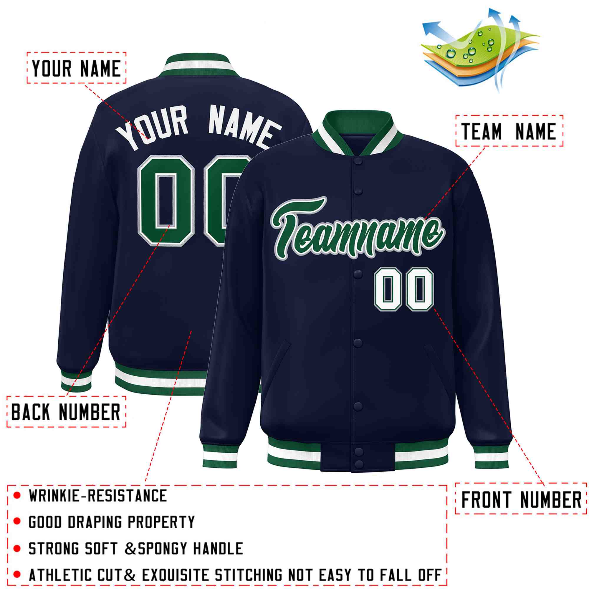 Custom Navy Green-White Classic Style Varsity Full-Snap Letterman Jacket