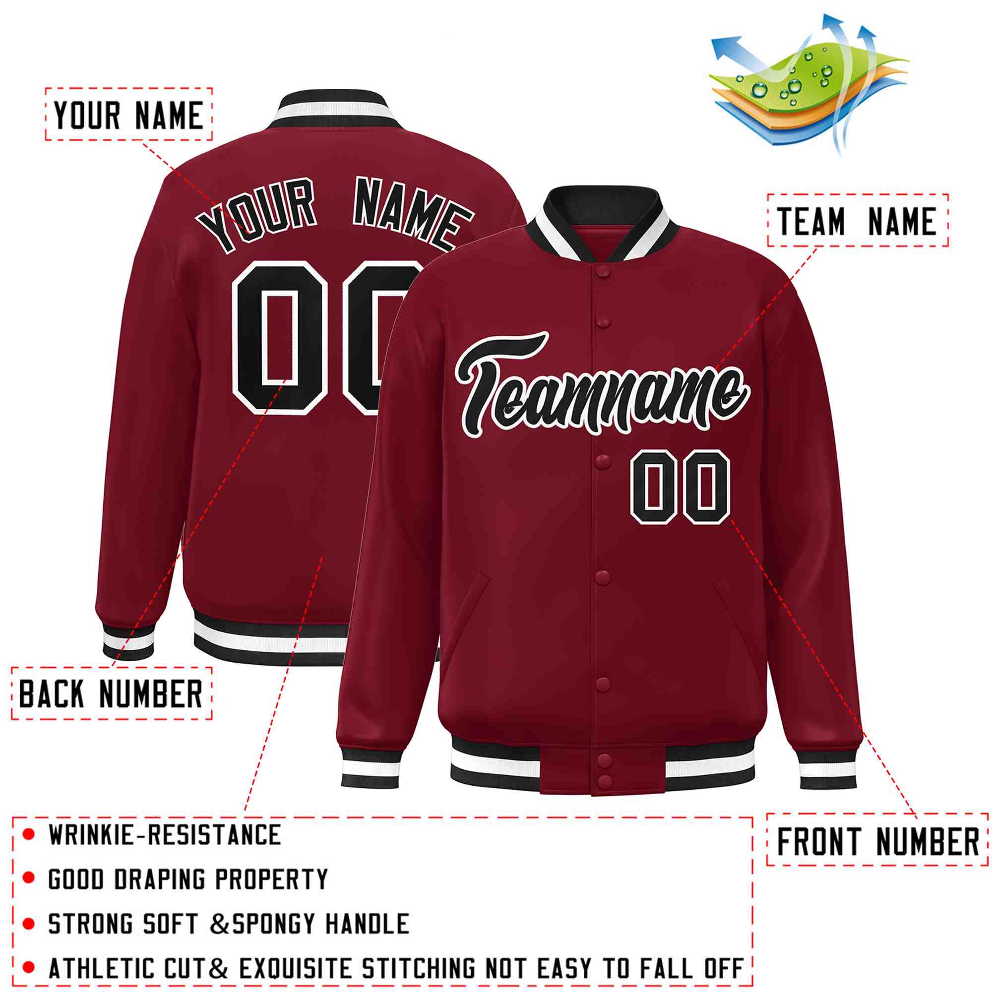 Custom Crimson Black-White Classic Style Varsity Full-Snap Letterman Jacket