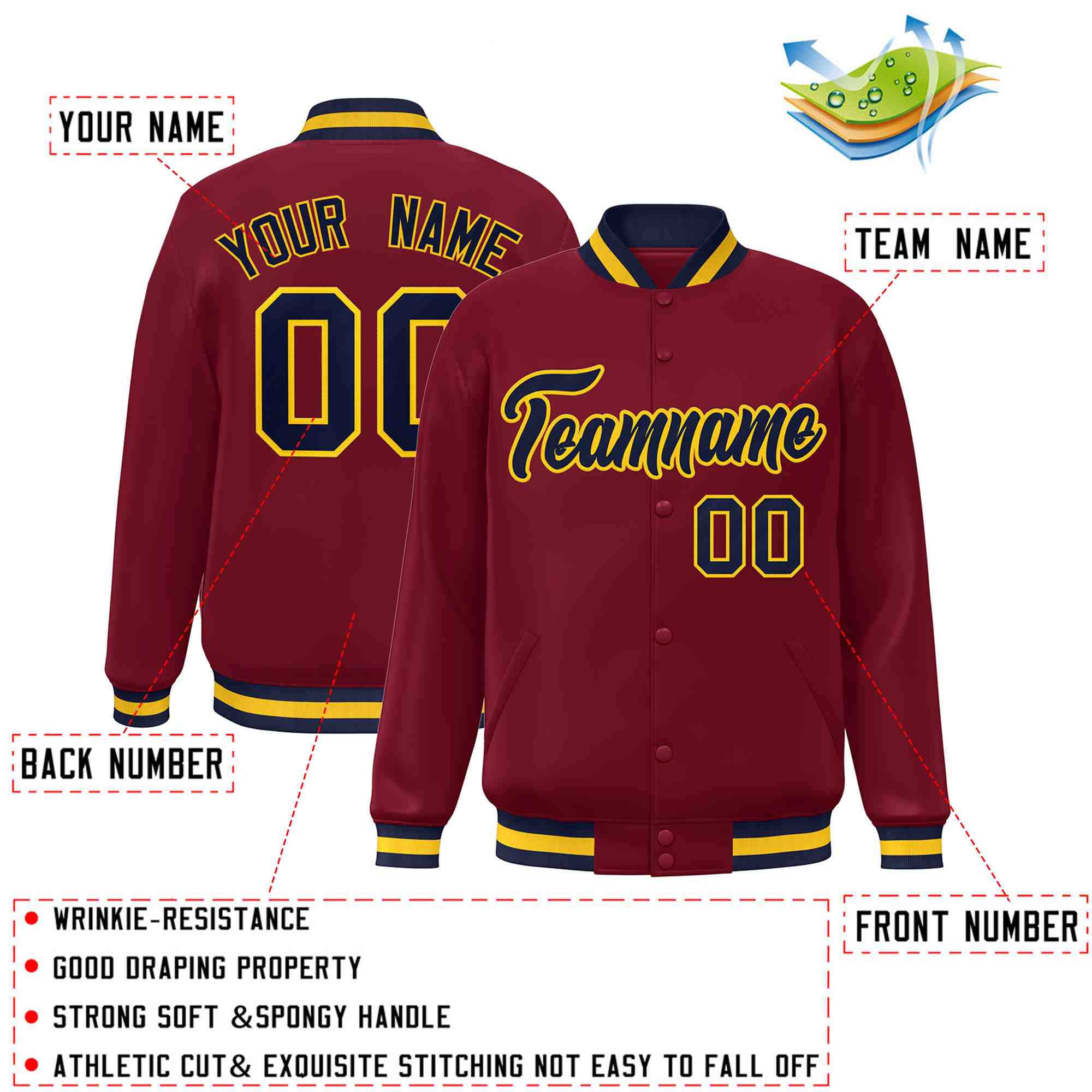 Custom Crimson Navy-Gold Classic Style Varsity Full-Snap Letterman Jacket