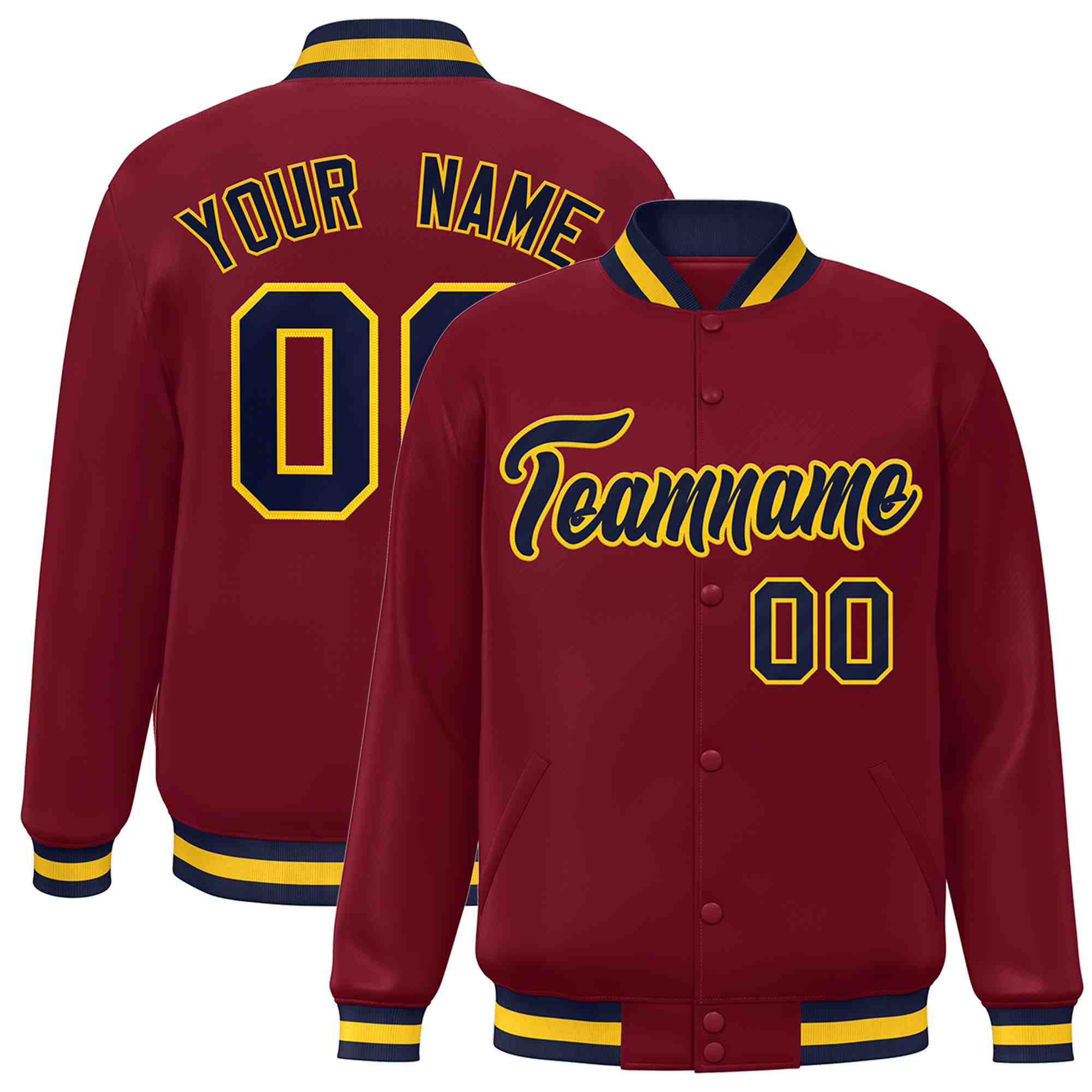 Custom Crimson Navy-Gold Classic Style Varsity Full-Snap Letterman Jacket