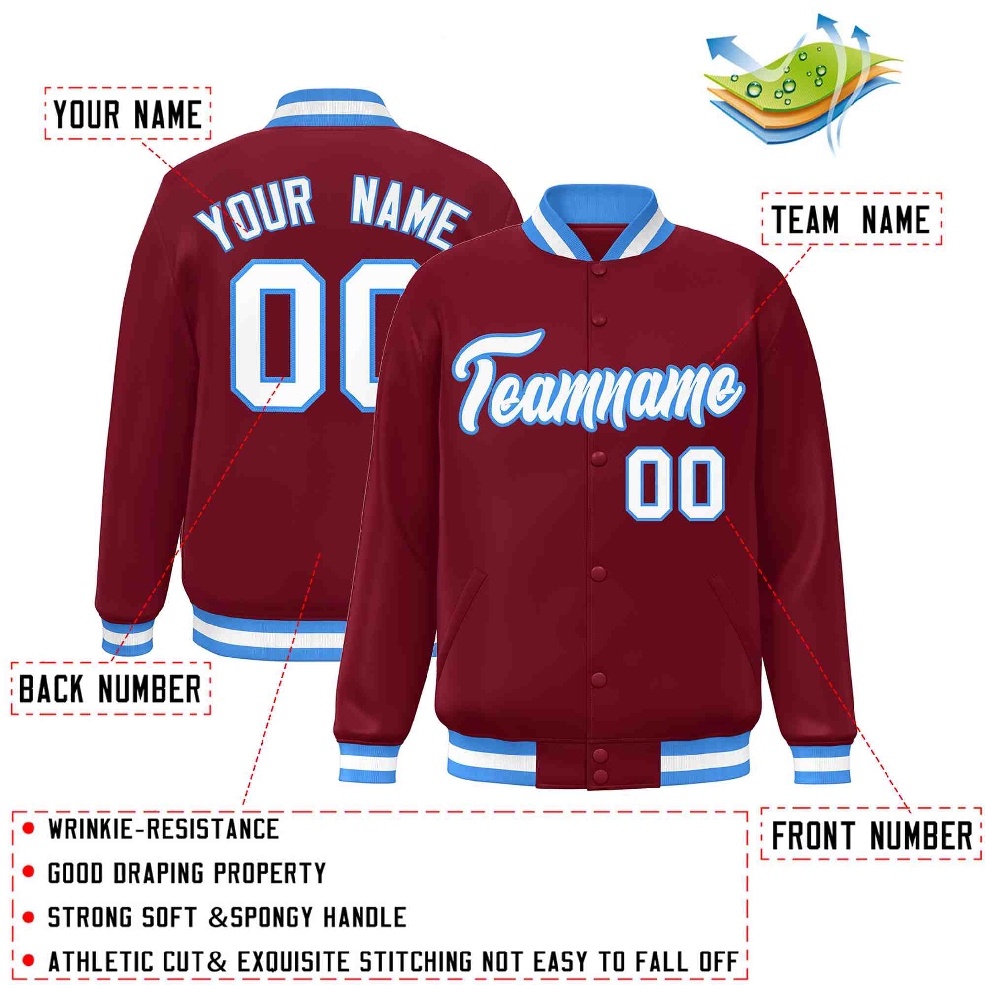 Custom Crimson White-Powder Blue Classic Style Varsity Full-Snap Letterman Jacket