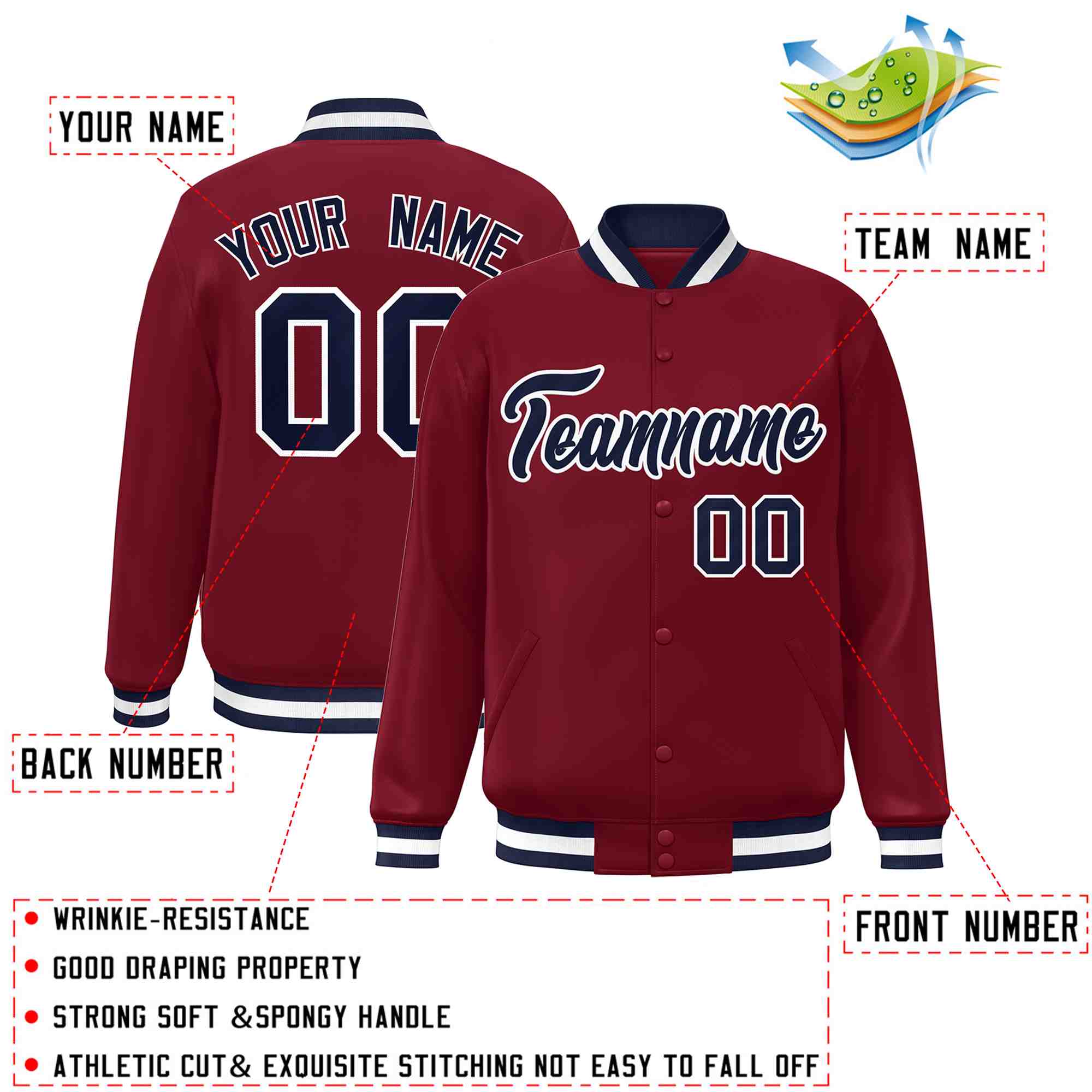 Custom Crimson Navy-White Classic Style Varsity Full-Snap Letterman Jacket