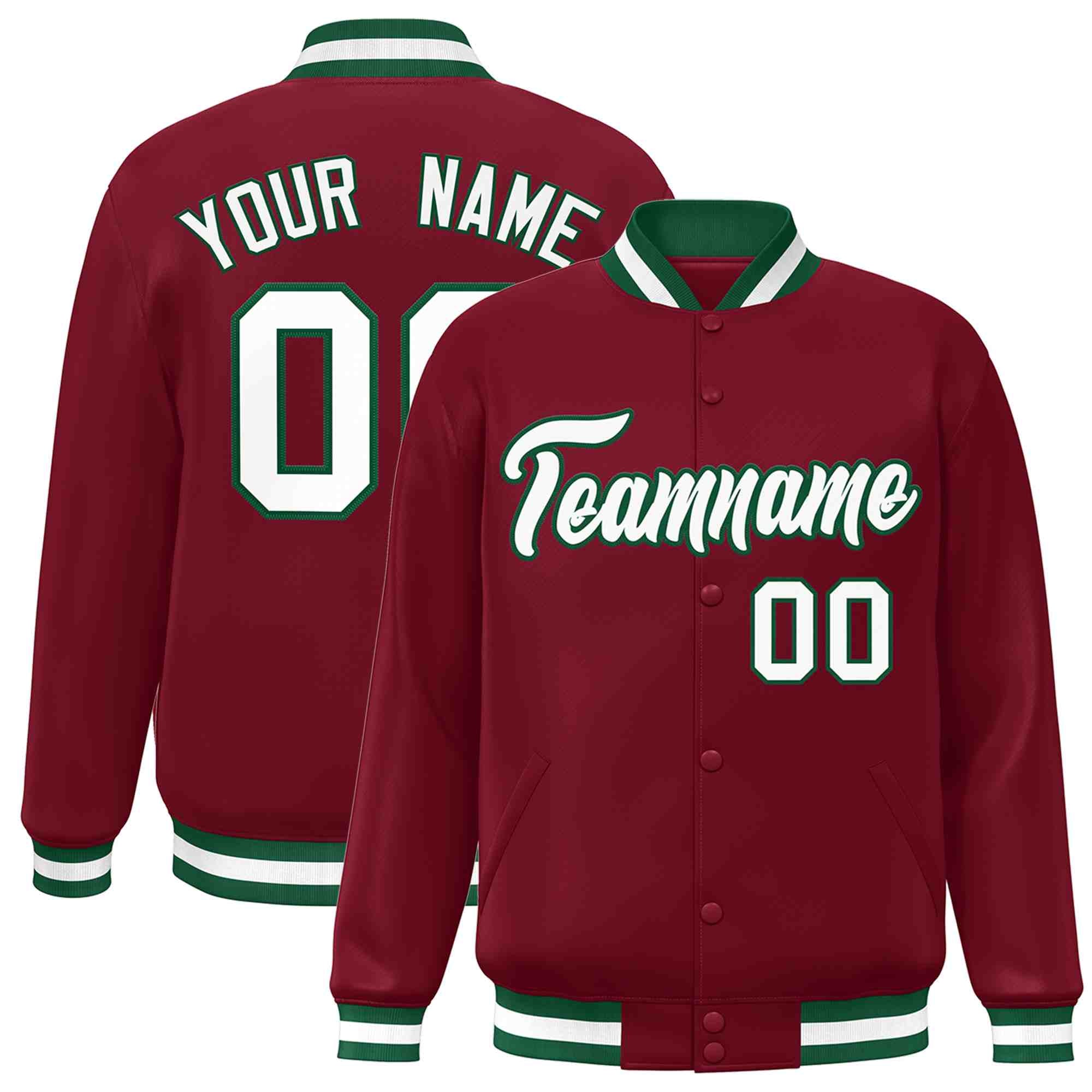 Custom Crimson White-Green Classic Style Varsity Full-Snap Letterman Jacket