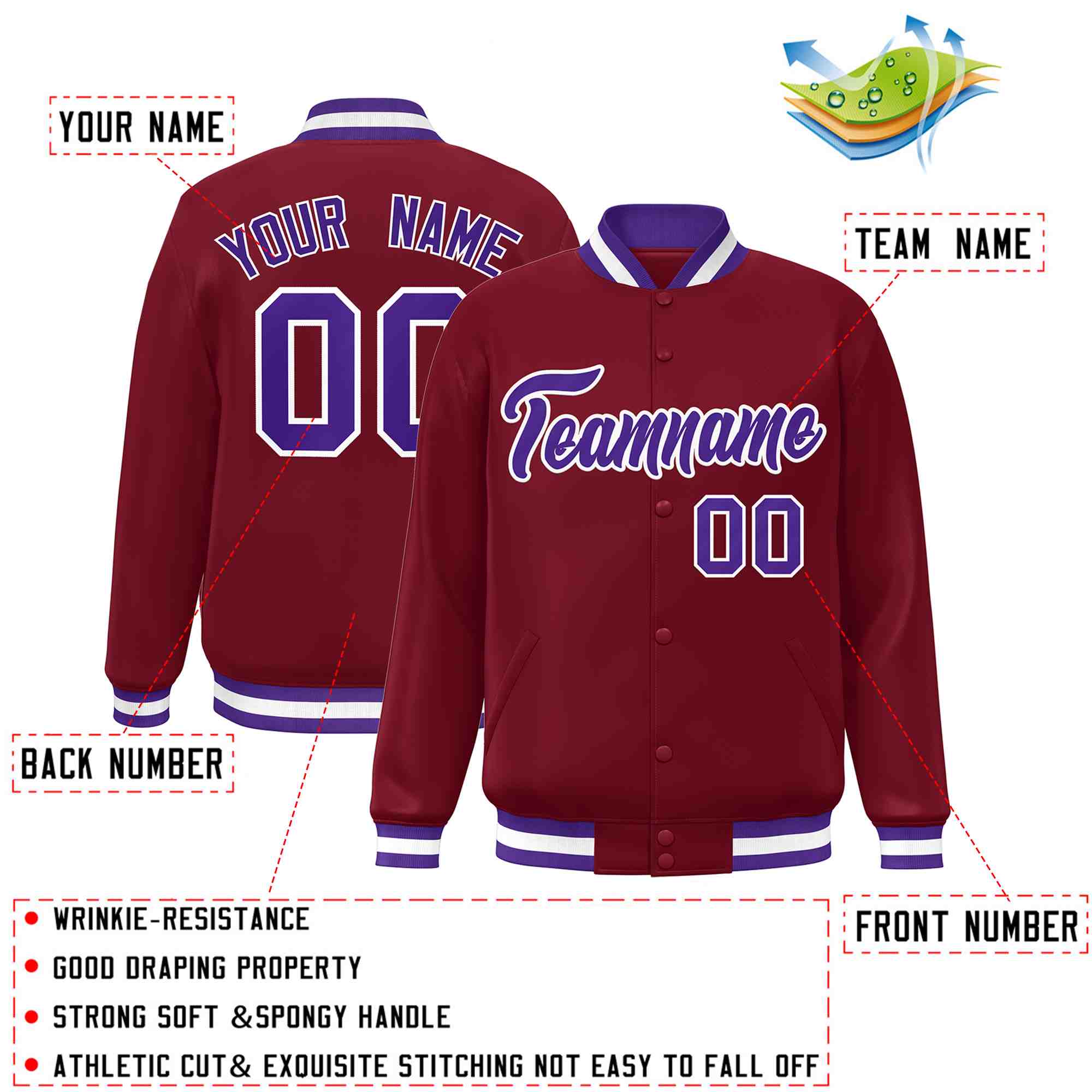 Custom Crimson Purple-White Classic Style Varsity Full-Snap Letterman Jacket