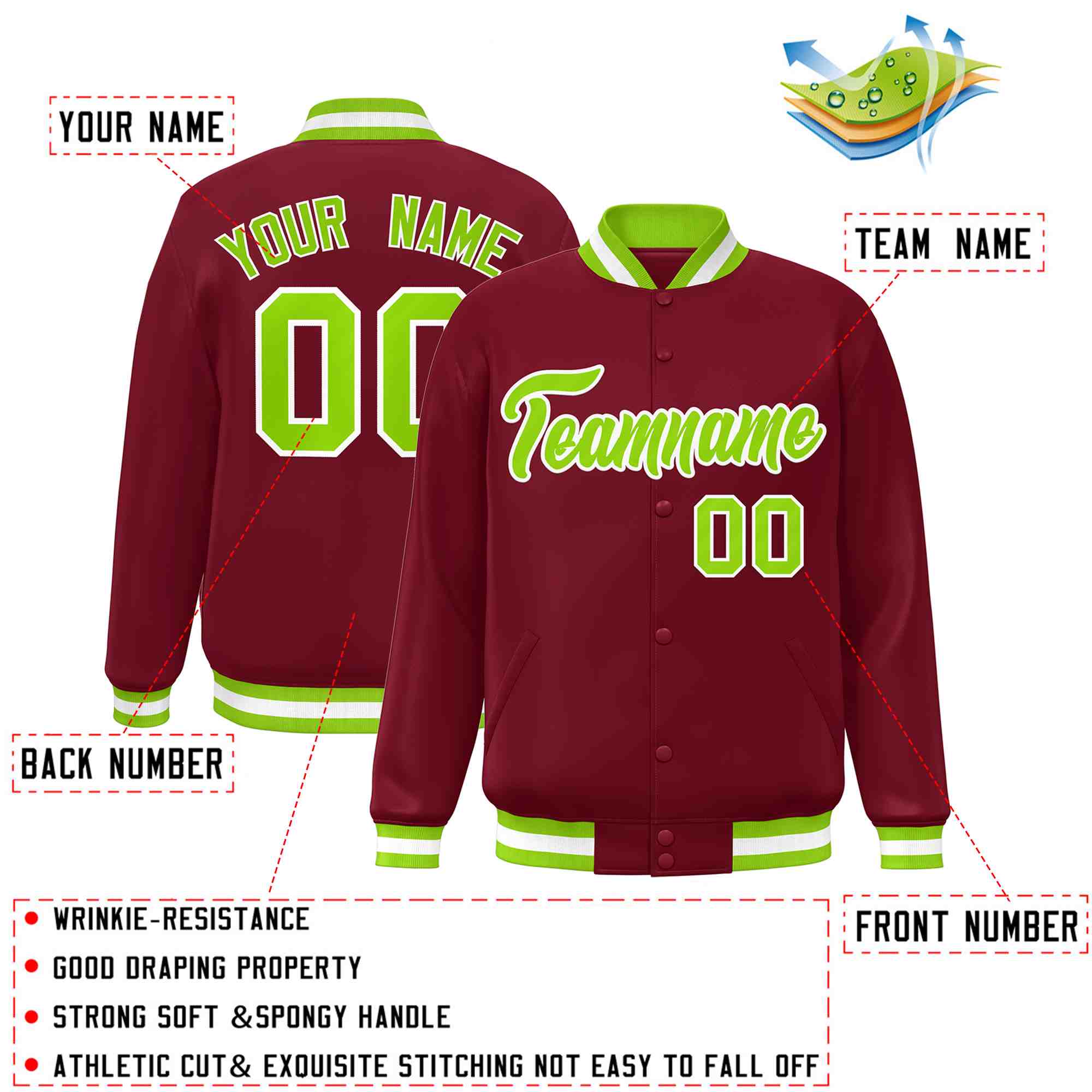 Custom Crimson Neon Green-White Classic Style Varsity Full-Snap Letterman Jacket