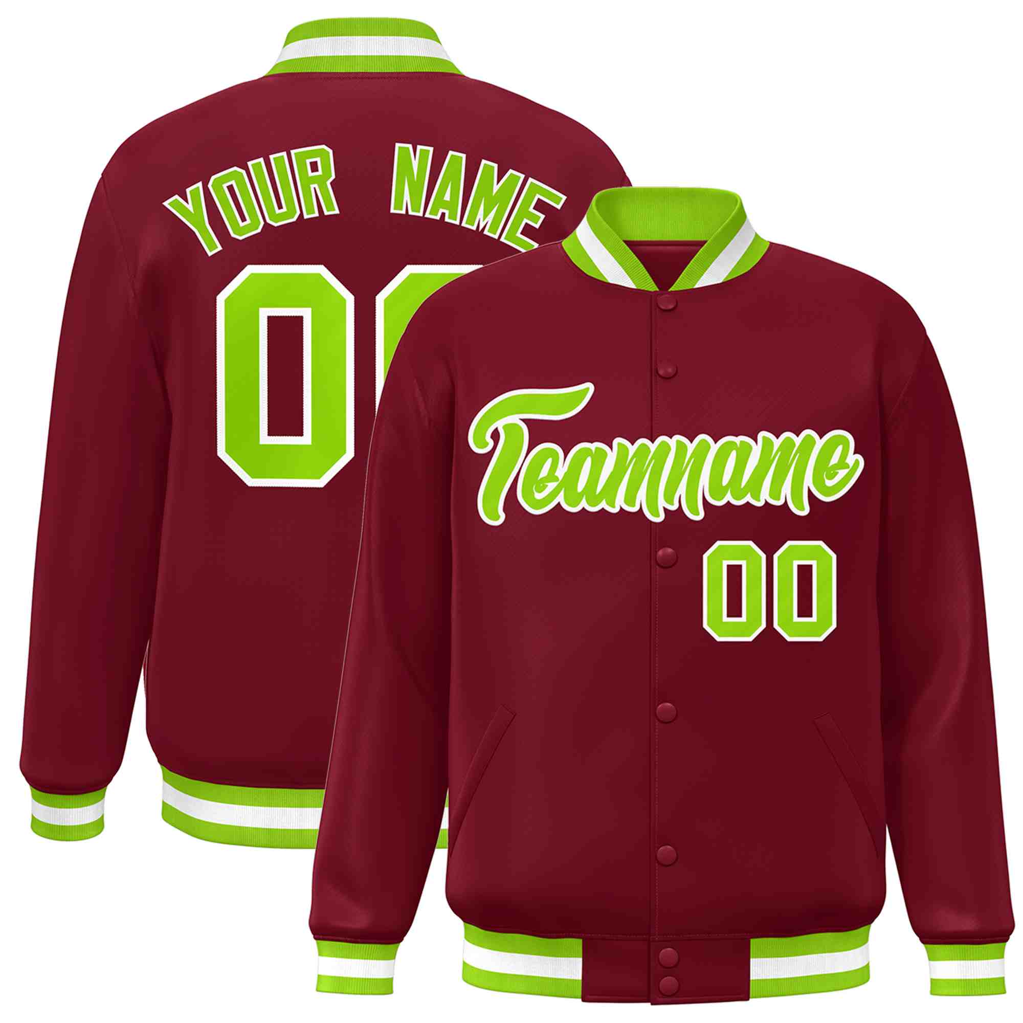 Veste Letterman à bouton-pression personnalisée Crimson Neon Vert-Blanc de style classique