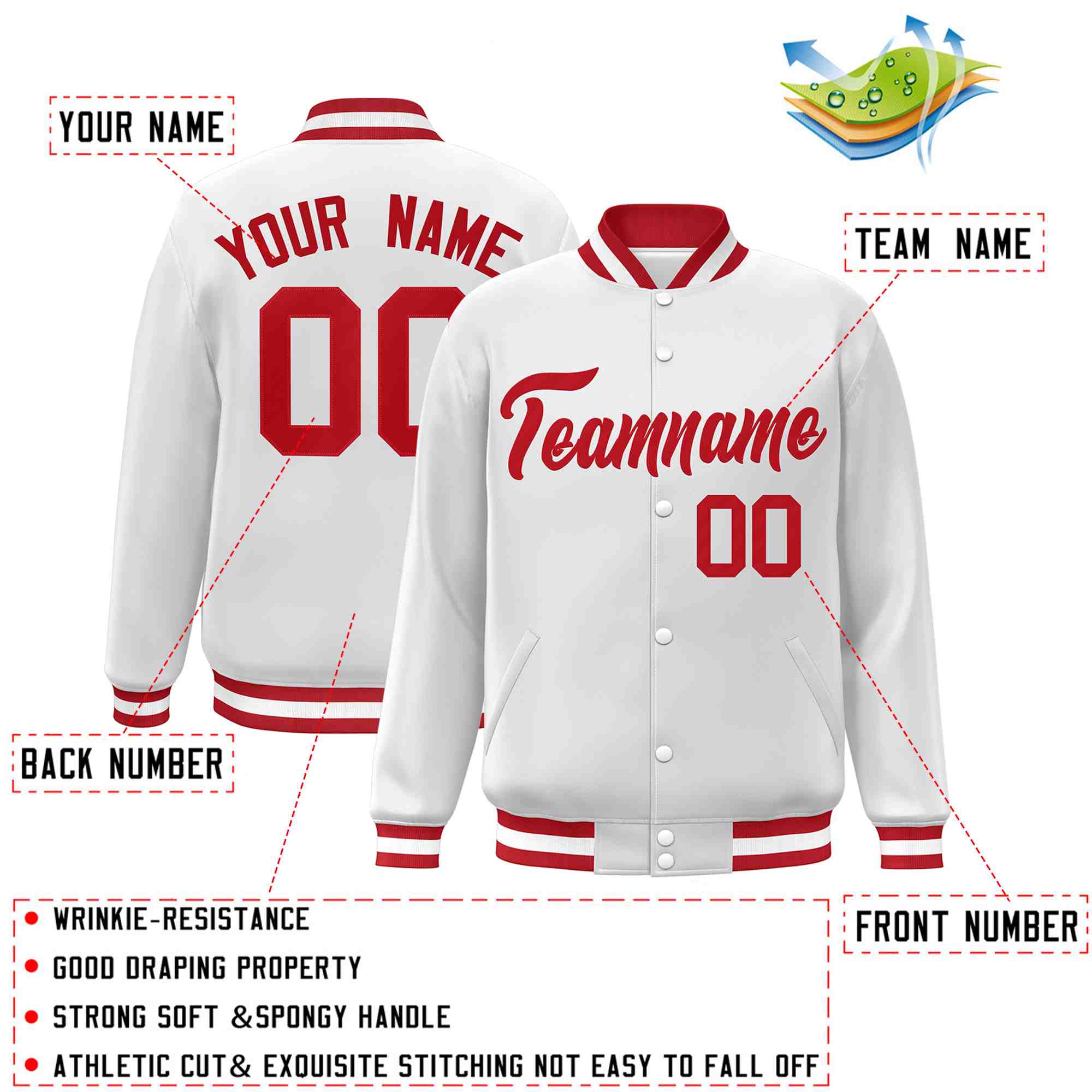 Custom White Red Classic Style Varsity Full-Snap Letterman Jacket