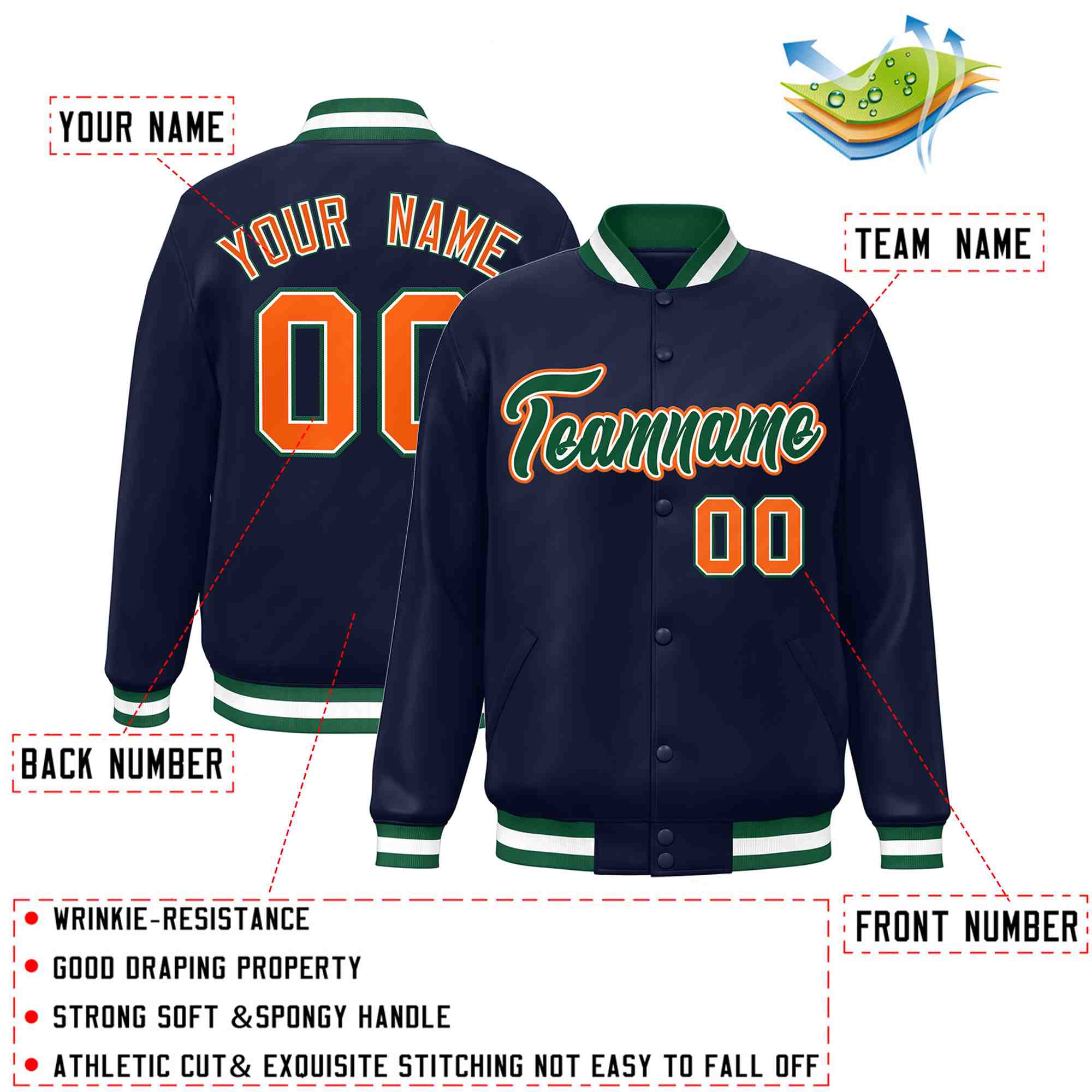 Custom Navy Green-White Classic Style Varsity Full-Snap Letterman Jacket