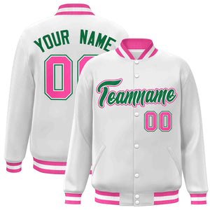 Custom White Green-White Classic Style Varsity Full-Snap Letterman Jacket