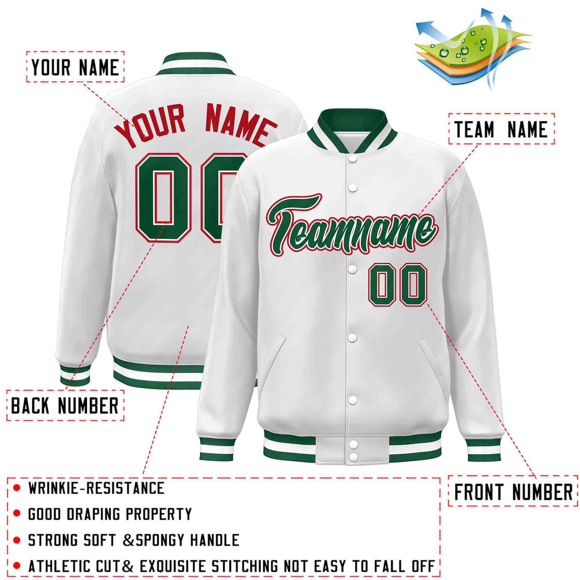 Custom White Green-White Classic Style Varsity Full-Snap Letterman Jacket