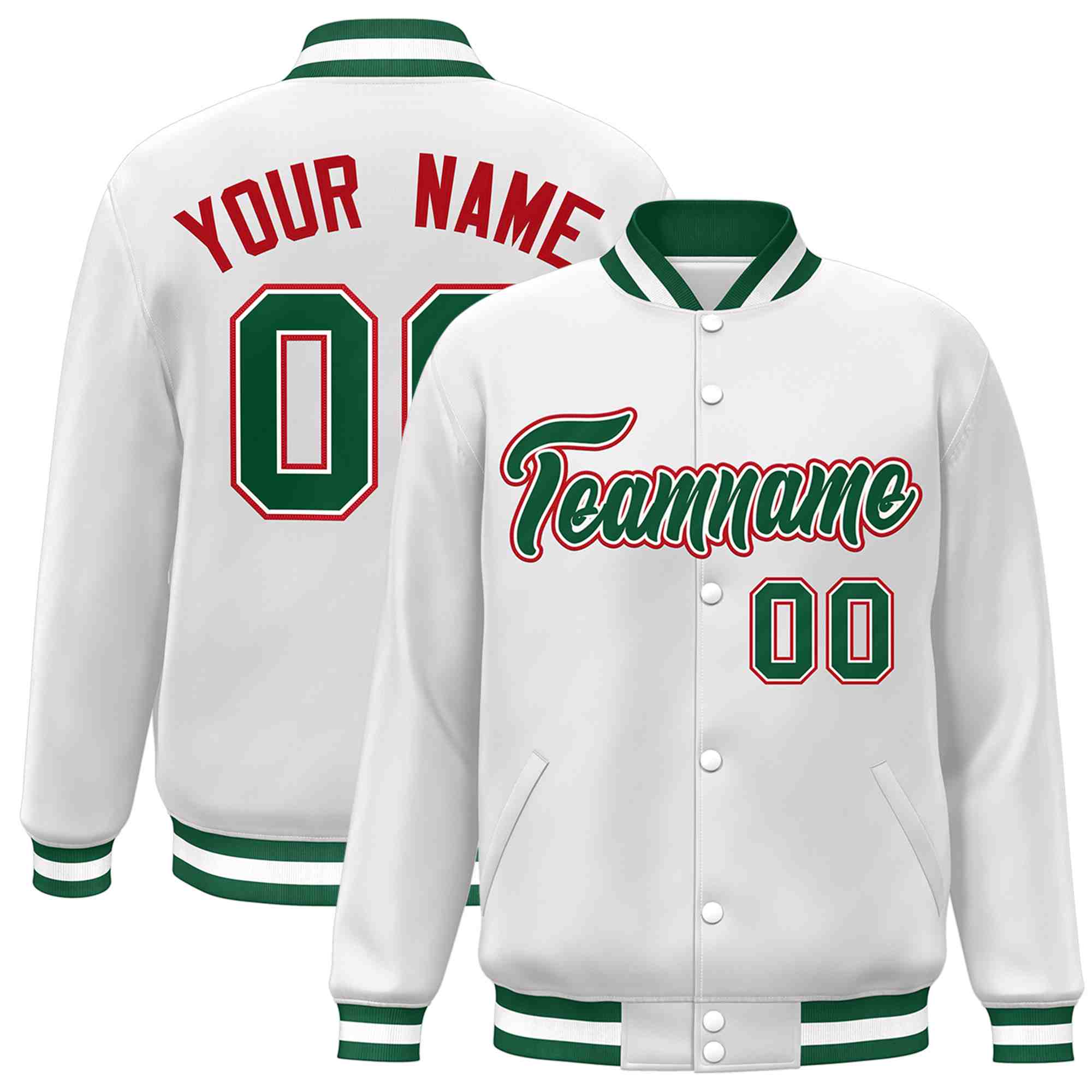 Custom White Green-White Classic Style Varsity Full-Snap Letterman Jacket