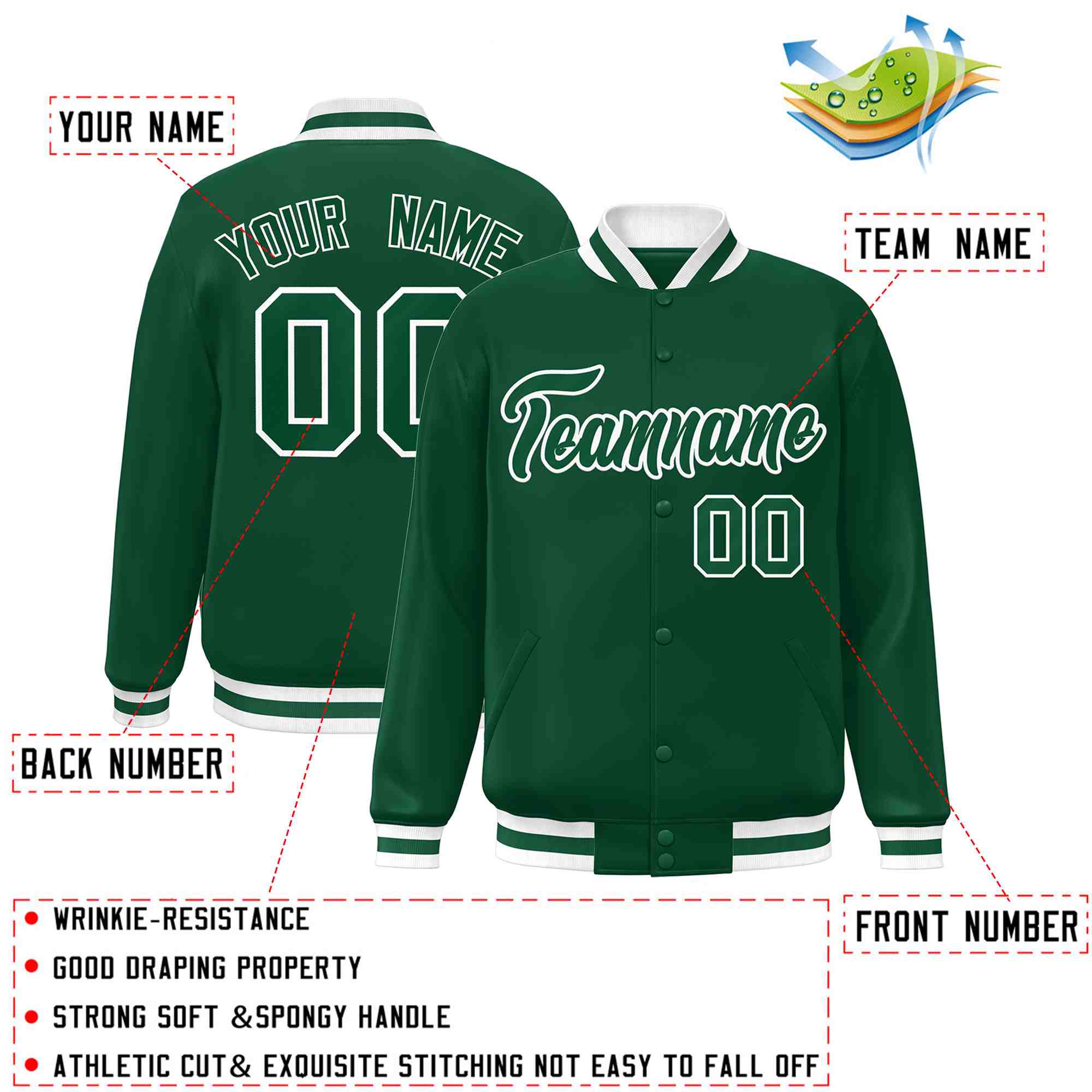 Custom Green Green-White Classic Style Varsity Full-Snap Letterman Jacket