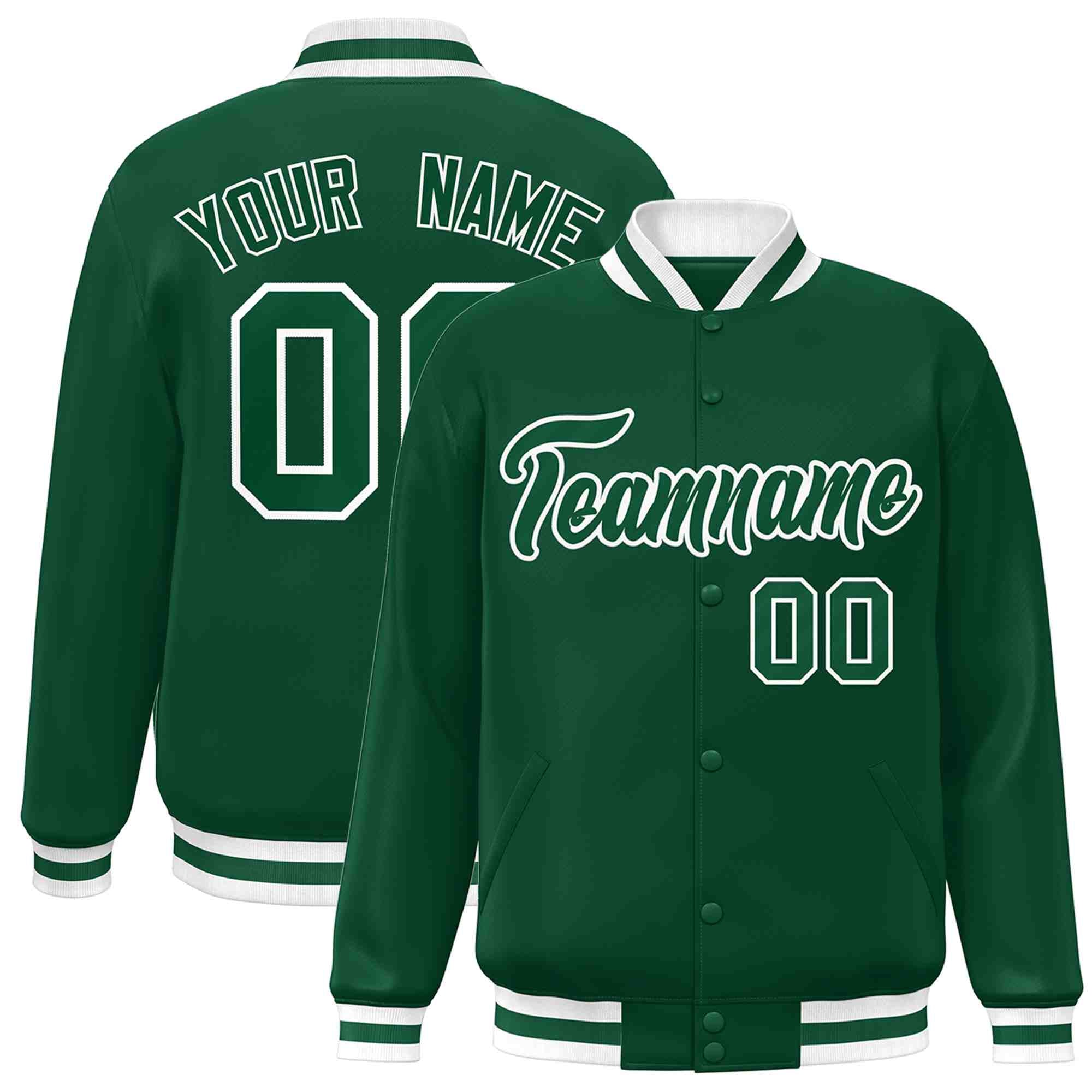 Custom Green Green-White Classic Style Varsity Full-Snap Letterman Jacket