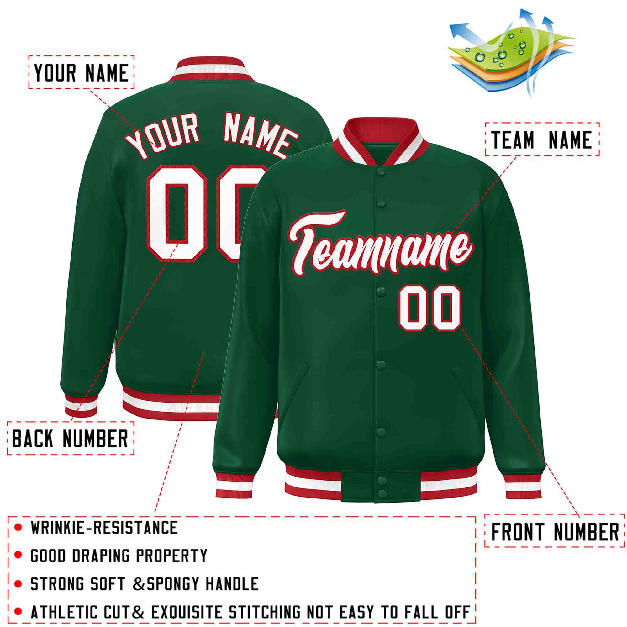 Custom Green White-Red Classic Style Varsity Full-Snap Letterman Jacket