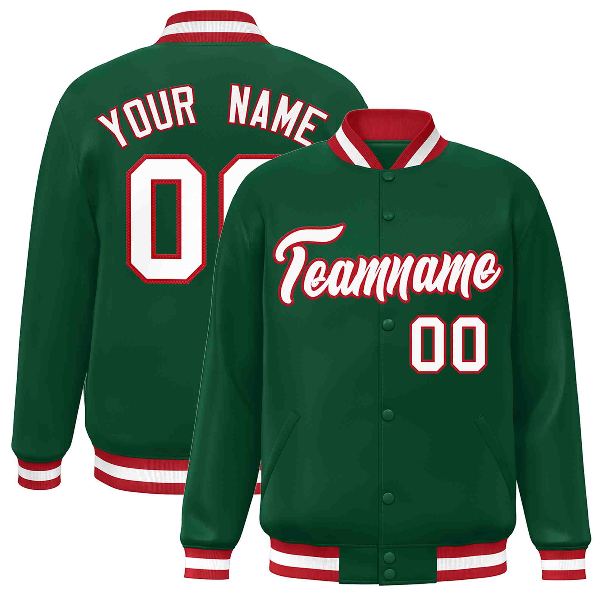 Custom Green White-Red Classic Style Varsity Full-Snap Letterman Jacket