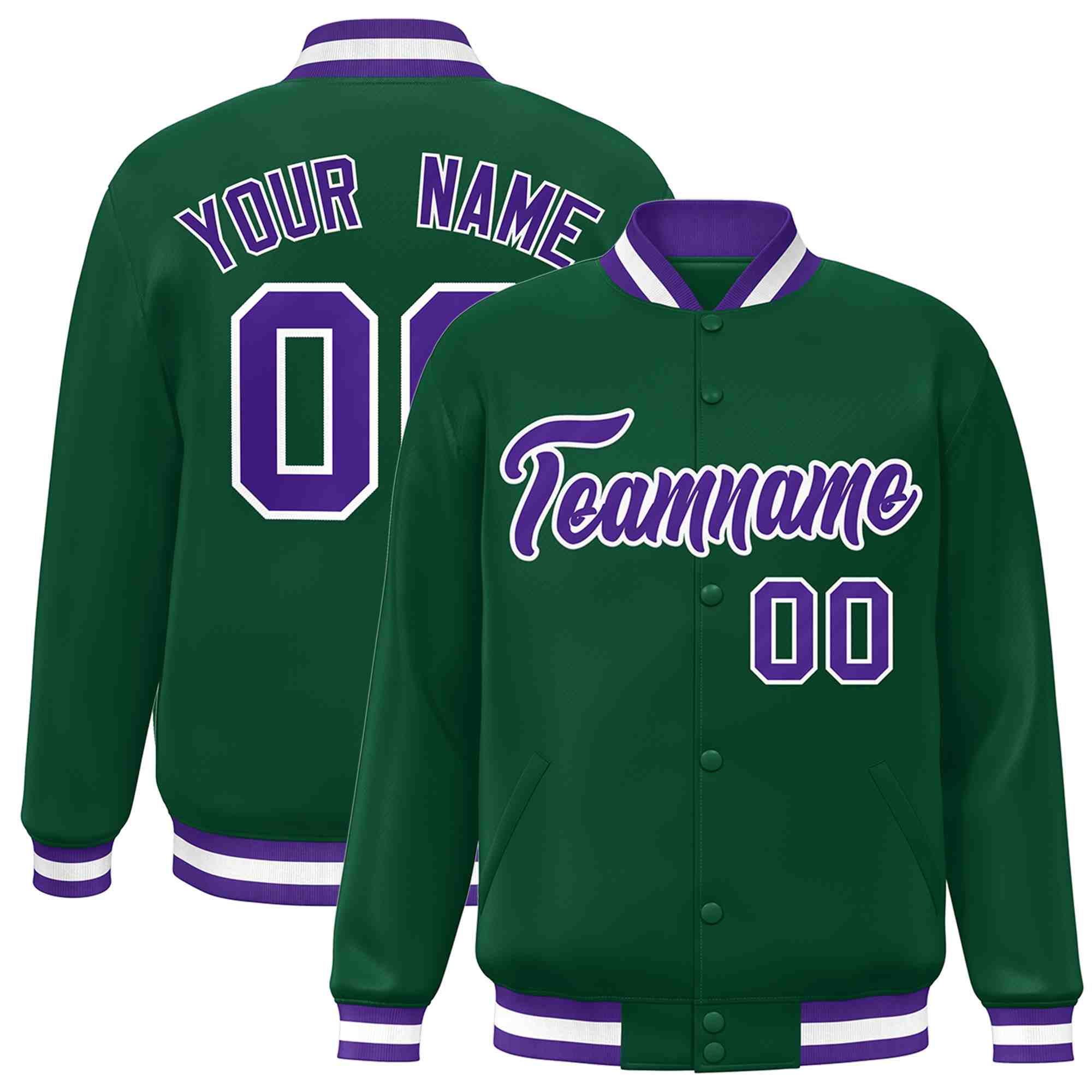 Veste Letterman à bouton-pression personnalisée de style classique vert violet-blanc