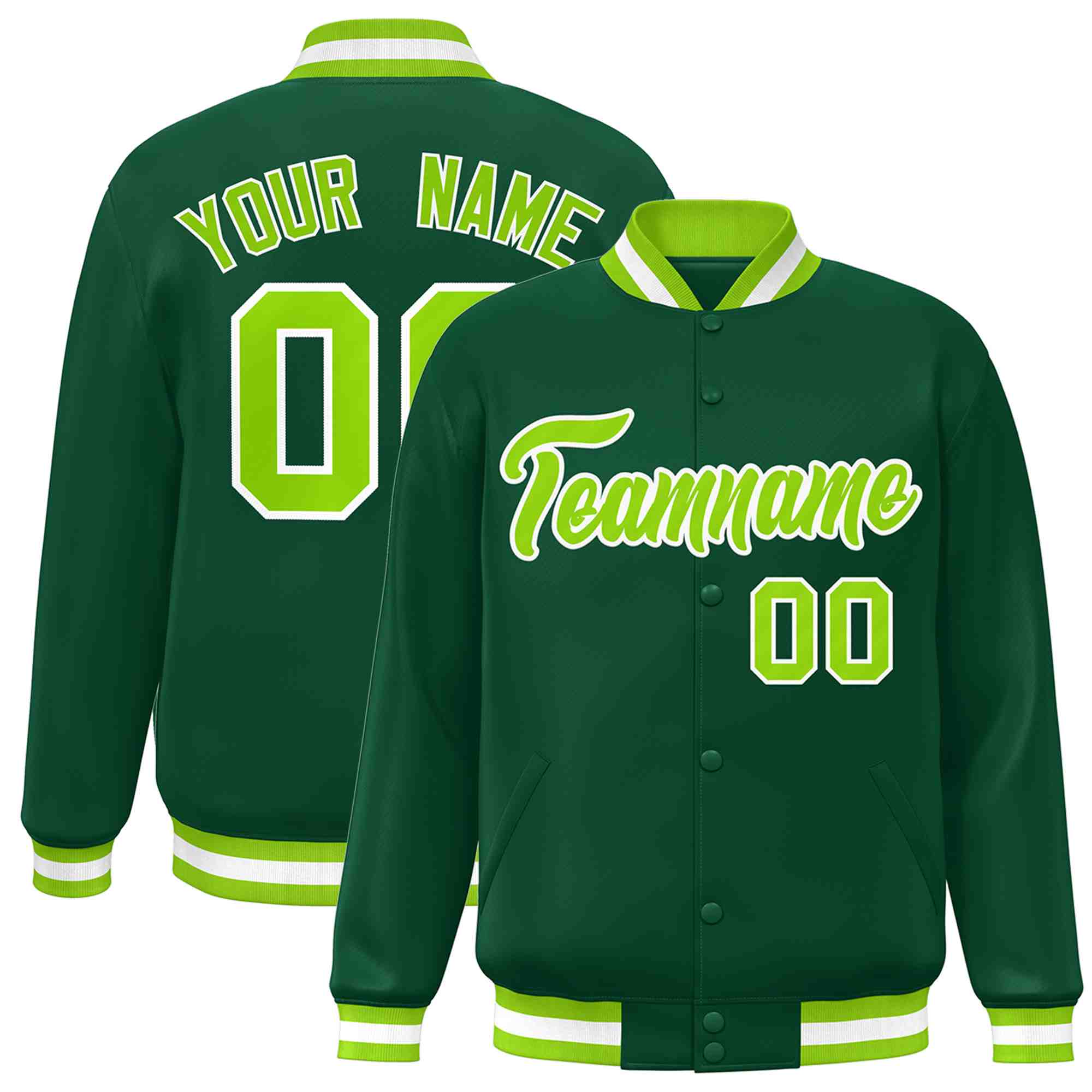 Custom Green Neon Green-White Classic Style Varsity Full-Snap Letterman Jacket