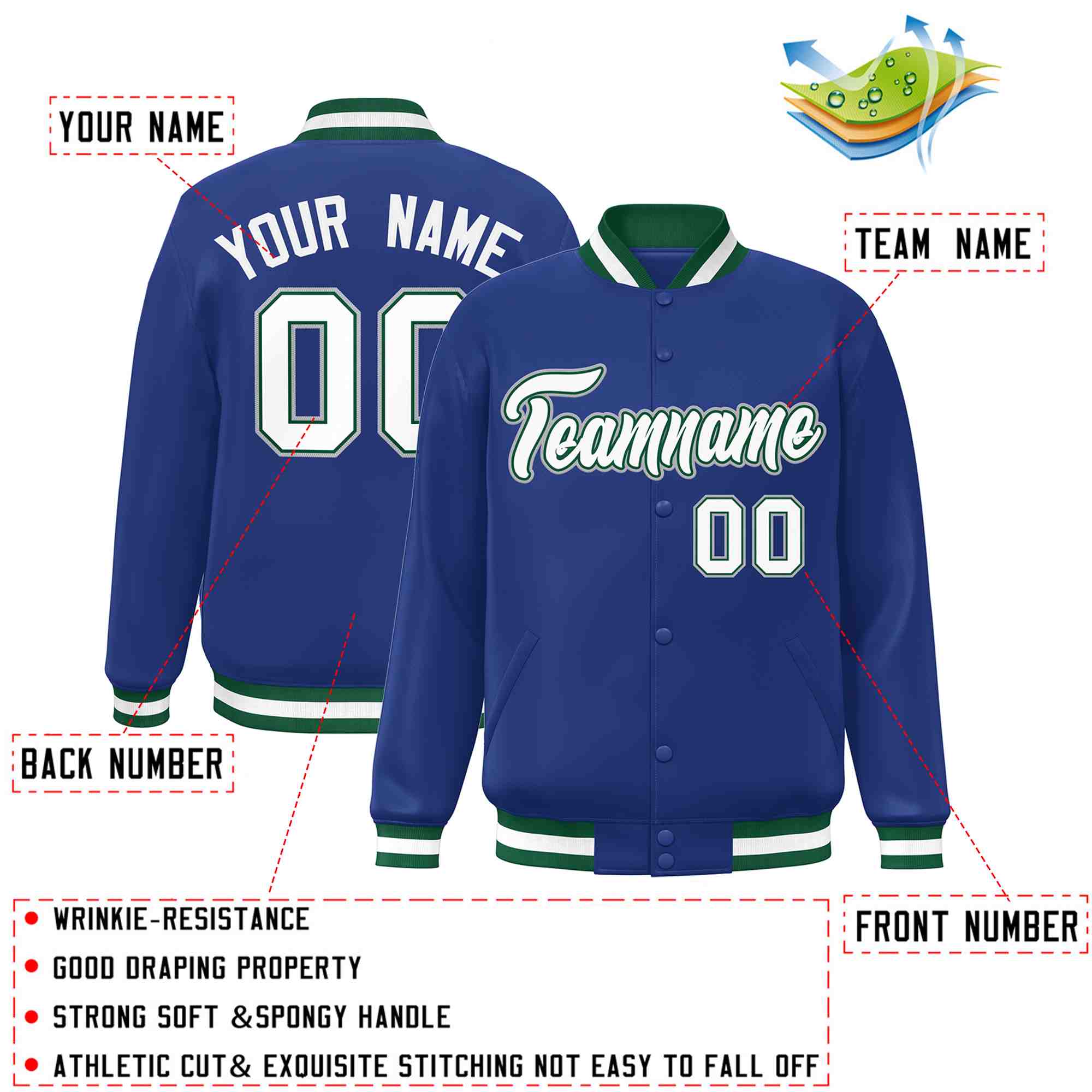 Custom Royal White-Green Classic Style Varsity Full-Snap Letterman Jacket