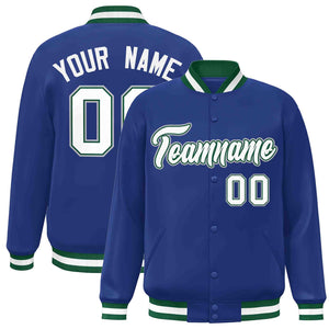 Custom Royal White-Green Classic Style Varsity Full-Snap Letterman Jacket