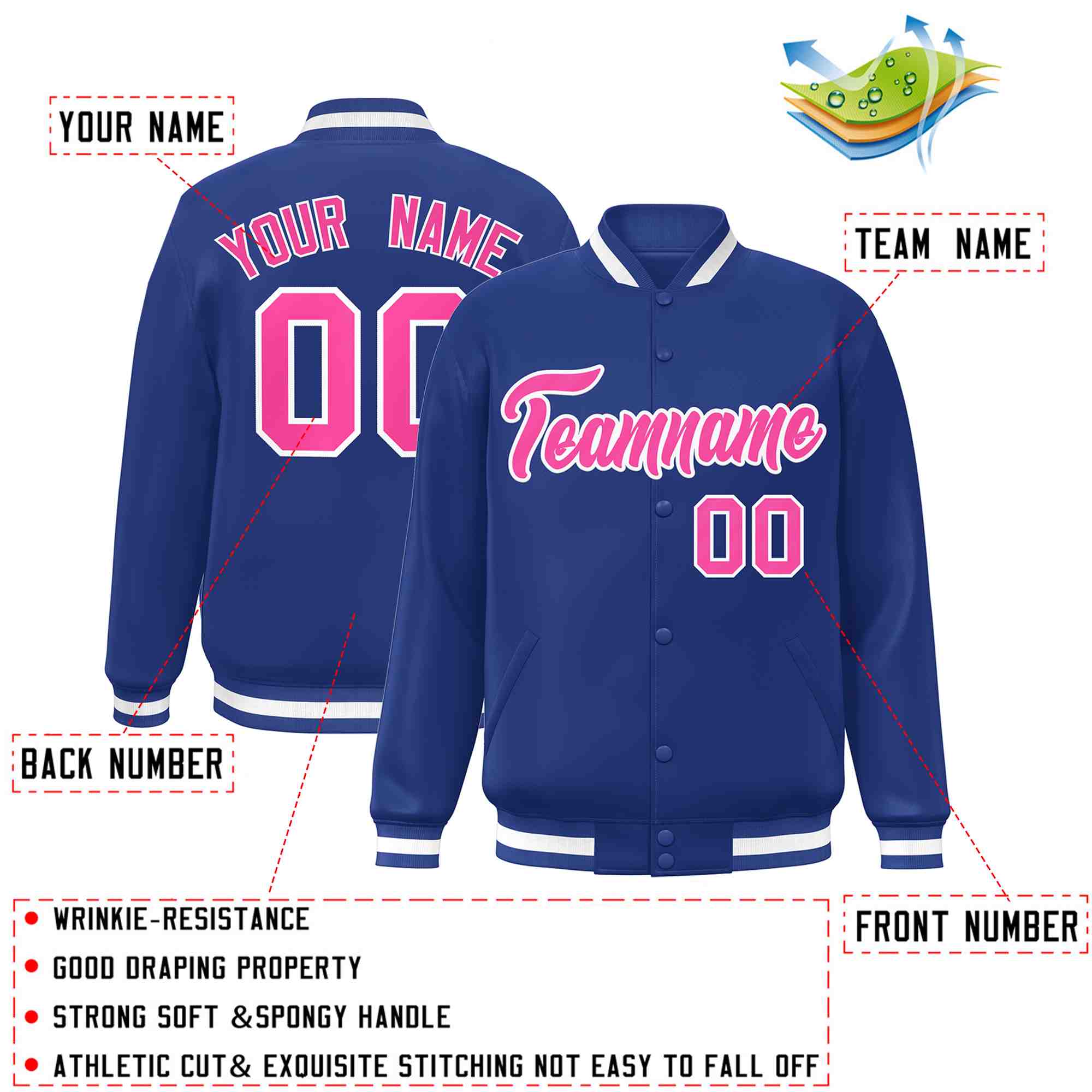 Custom Royal Pink-White Classic Style Varsity Full-Snap Letterman Jacket