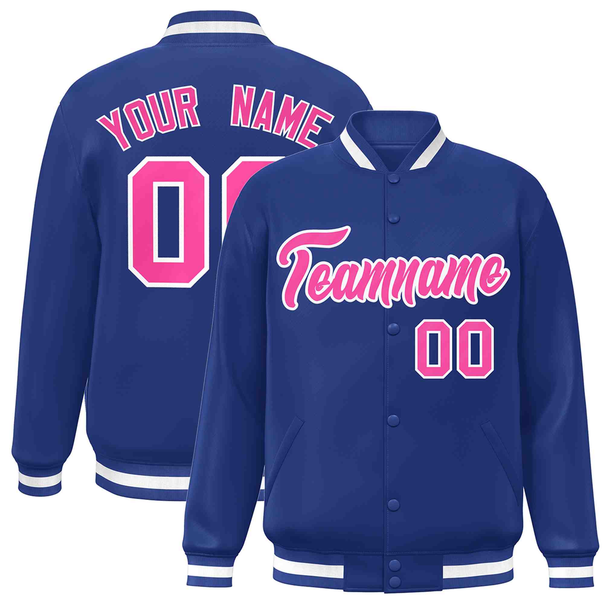 Custom Royal Pink-White Classic Style Varsity Full-Snap Letterman Jacket