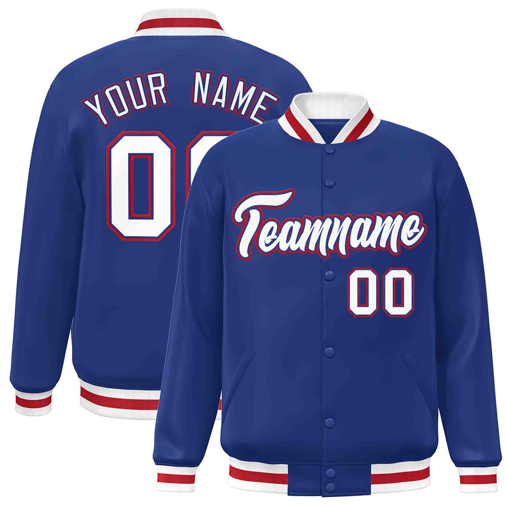 Veste Letterman personnalisée Royal White-Royal Classic Style Varsity Full-Snap