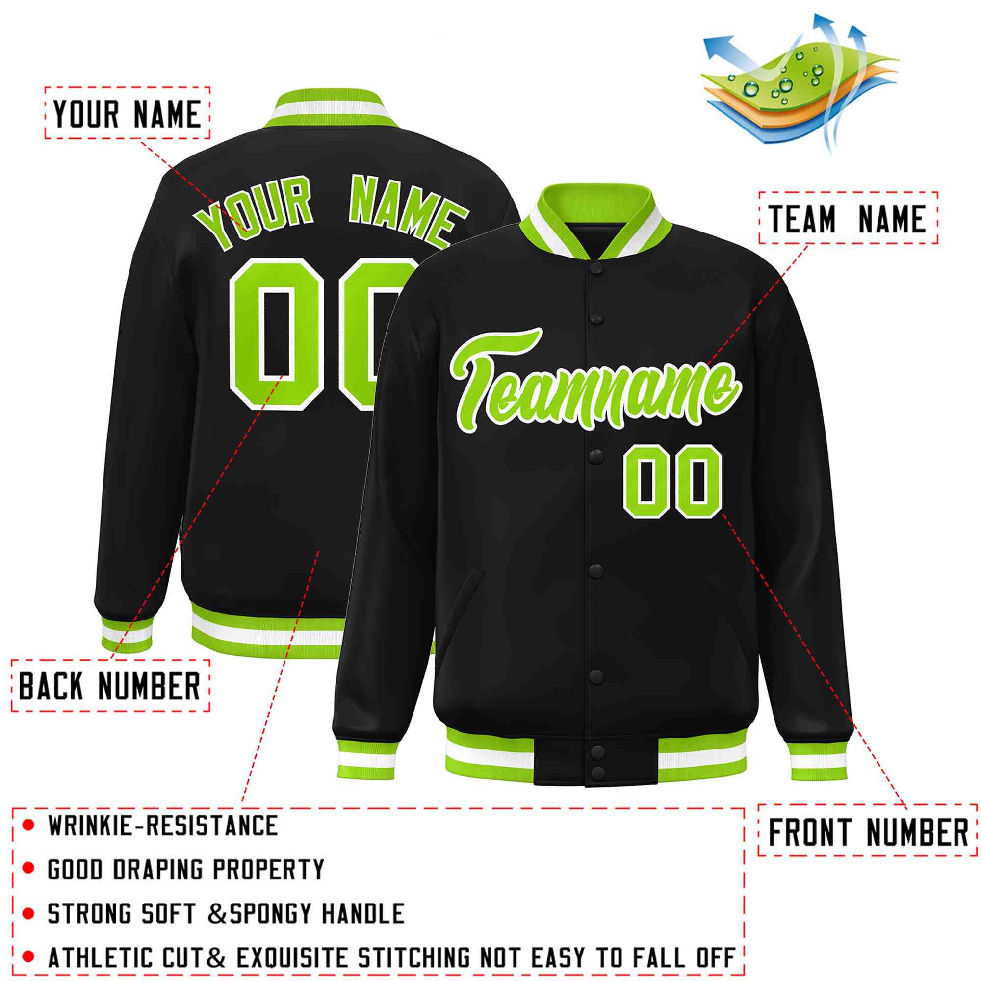 Custom Black Neon Green-White Classic Style Varsity Full-Snap Letterman Jacket