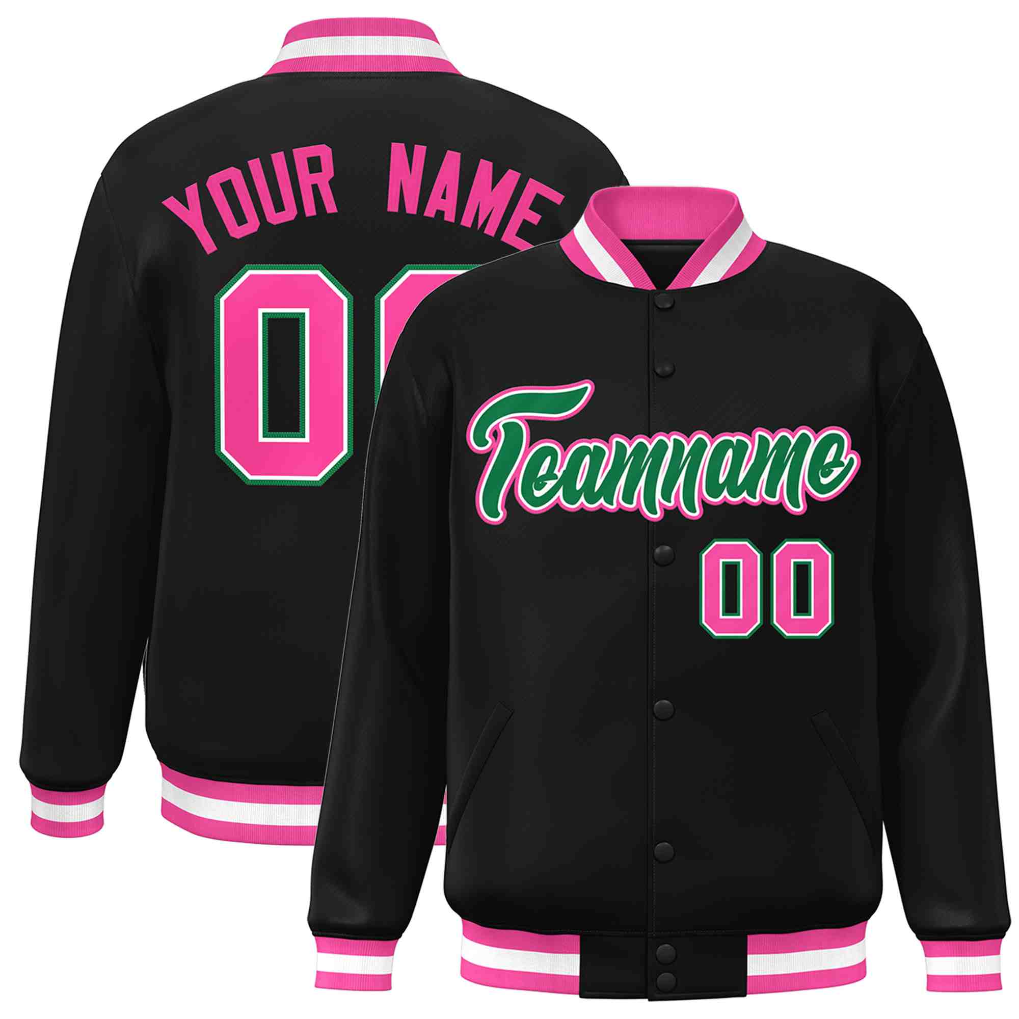 Custom Black Green-White Classic Style Varsity Full-Snap Letterman Jacket