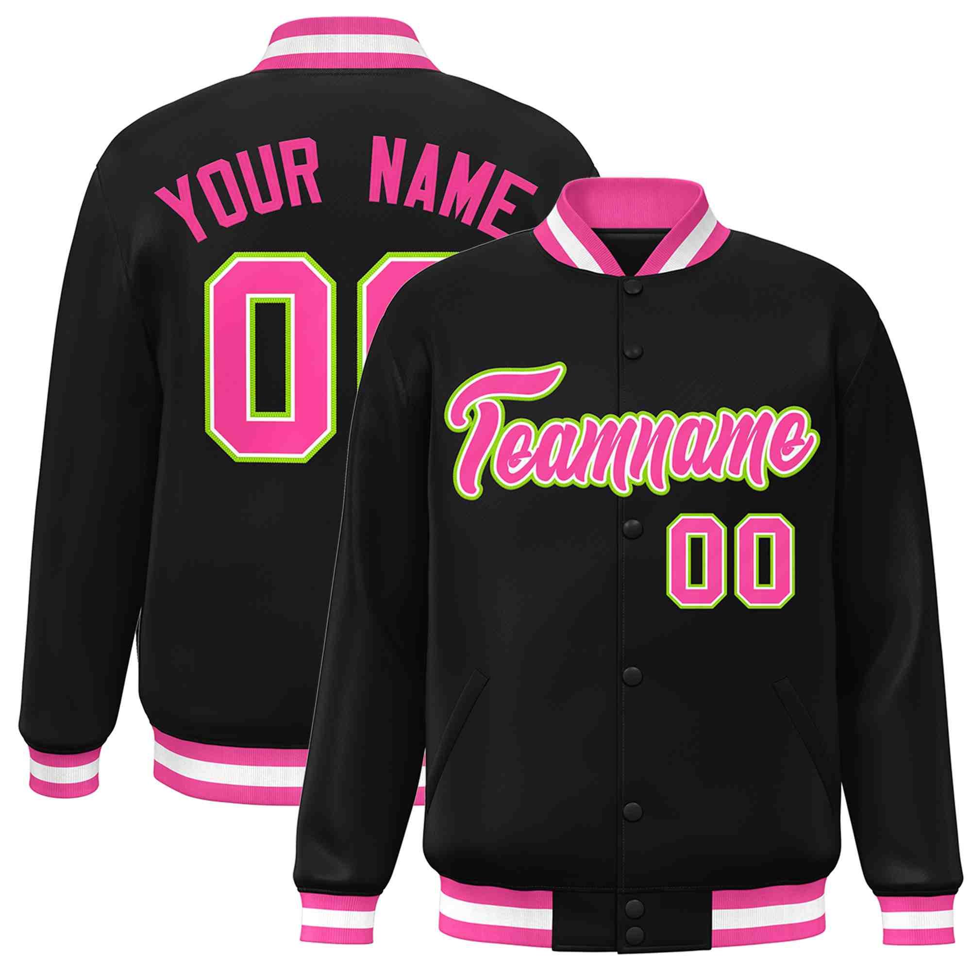 Custom Black Pink-White Classic Style Varsity Full-Snap Letterman Jacket