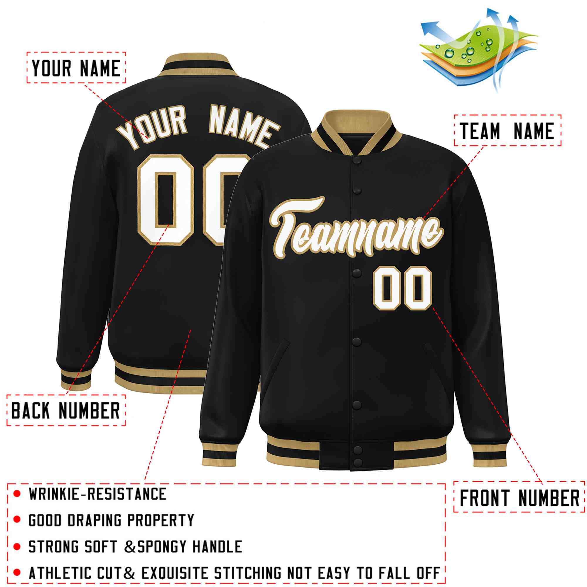 Custom Black White-Old Gold Classic Style Varsity Full-Snap Letterman Jacket