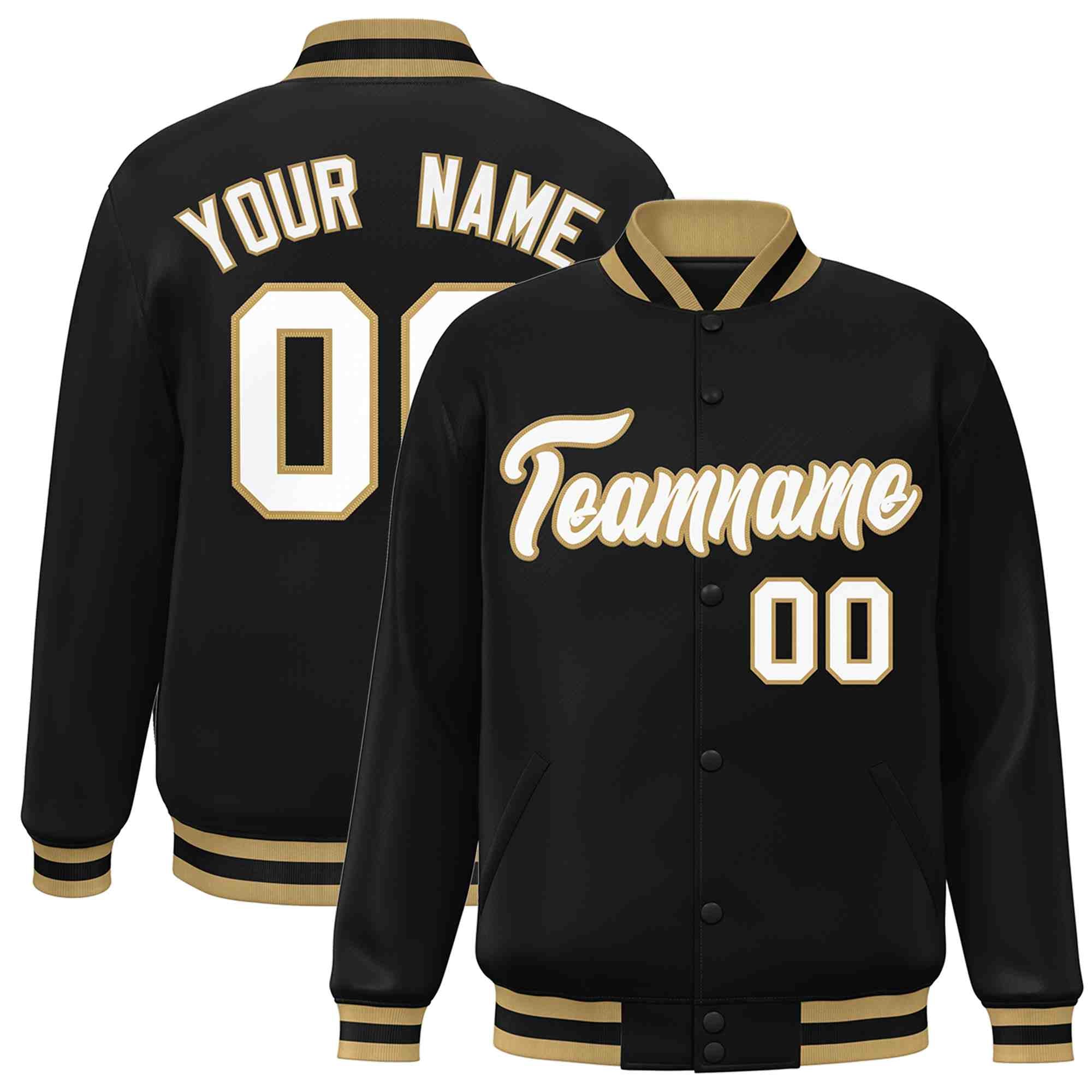 Custom Black White-Old Gold Classic Style Varsity Full-Snap Letterman Jacket