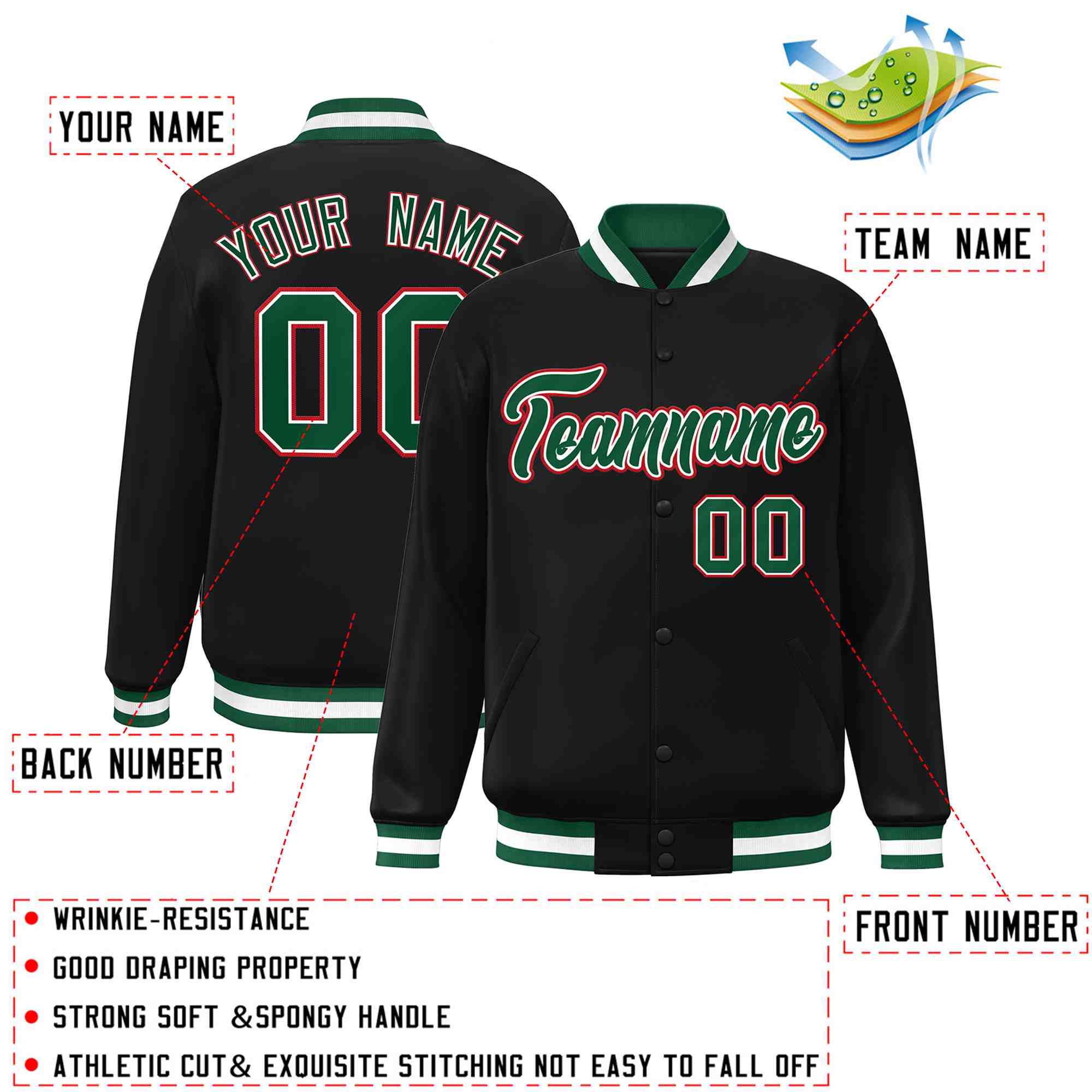 Custom Black Green-White Classic Style Varsity Full-Snap Letterman Jacket