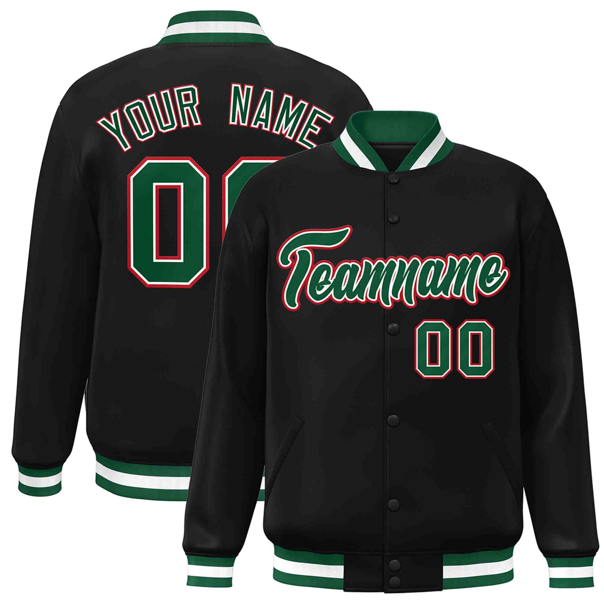 Custom Black Green-White Classic Style Varsity Full-Snap Letterman Jacket