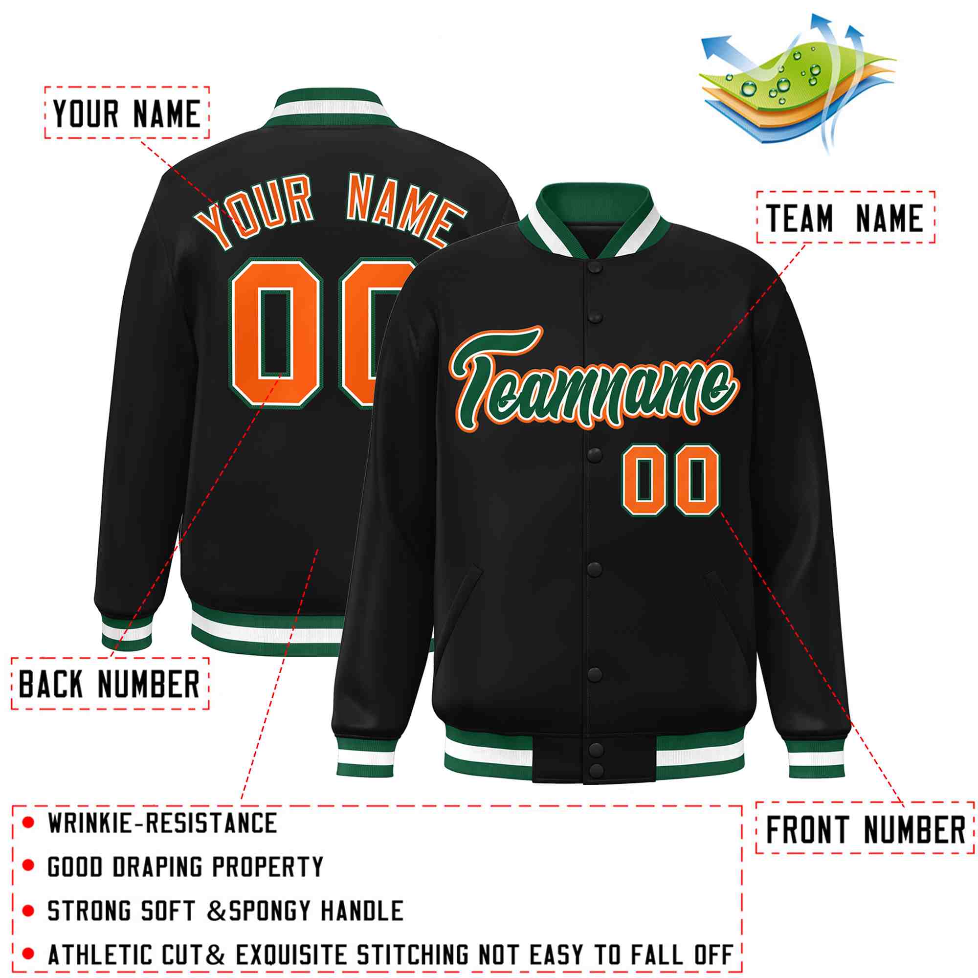 Custom Black Green-White Classic Style Varsity Full-Snap Letterman Jacket