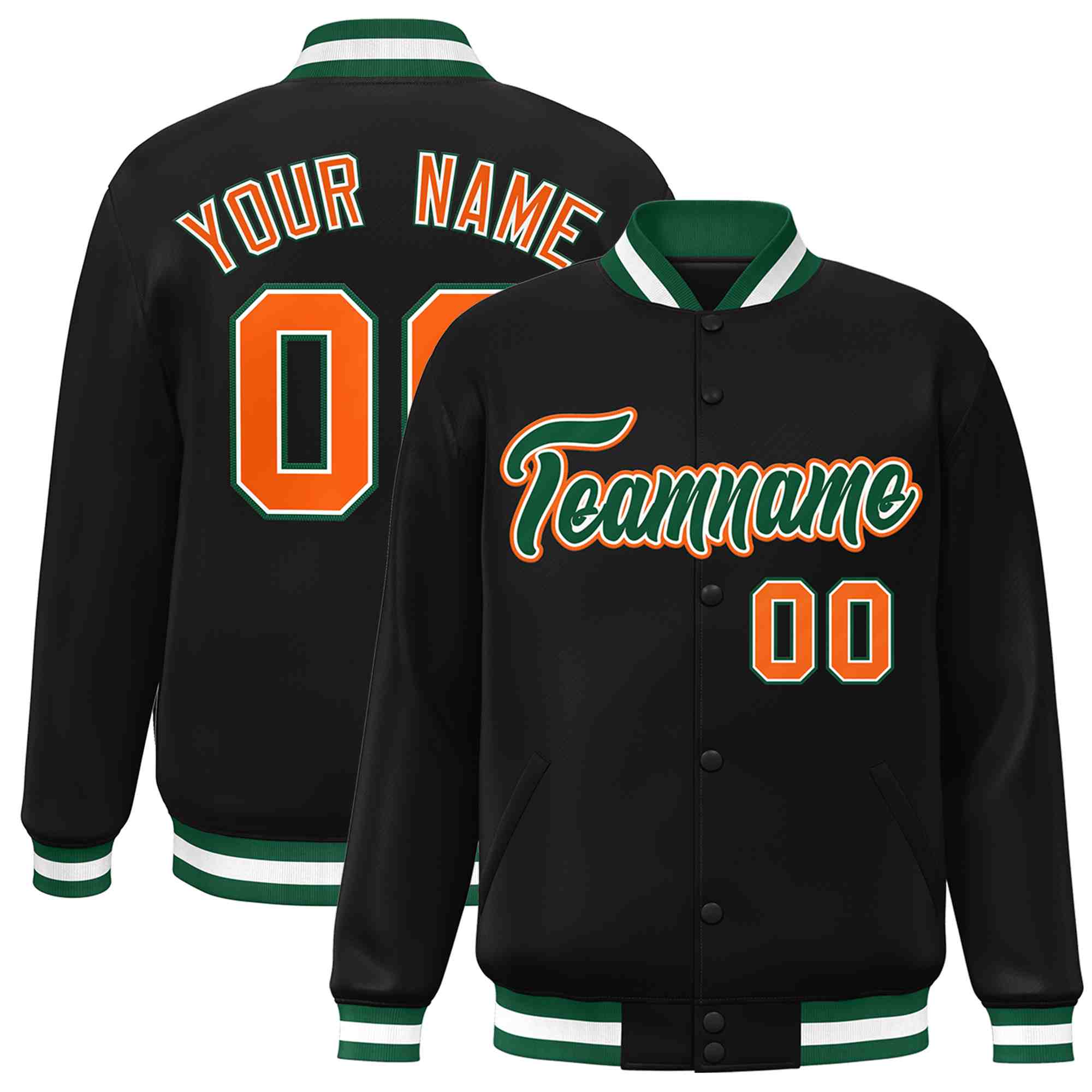 Custom Black Green-White Classic Style Varsity Full-Snap Letterman Jacket