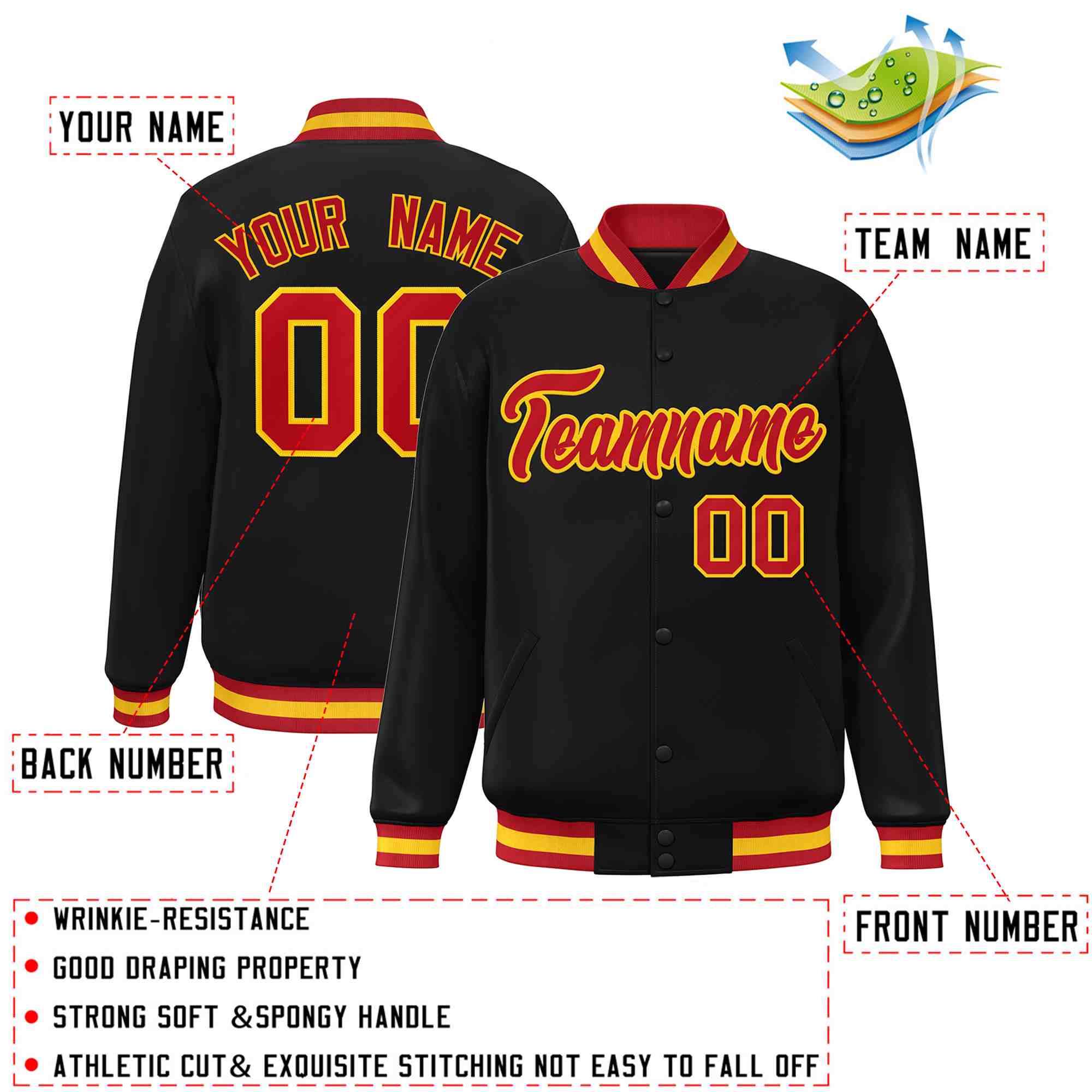 Custom Black Red-Gold Classic Style Varsity Full-Snap Letterman Jacket