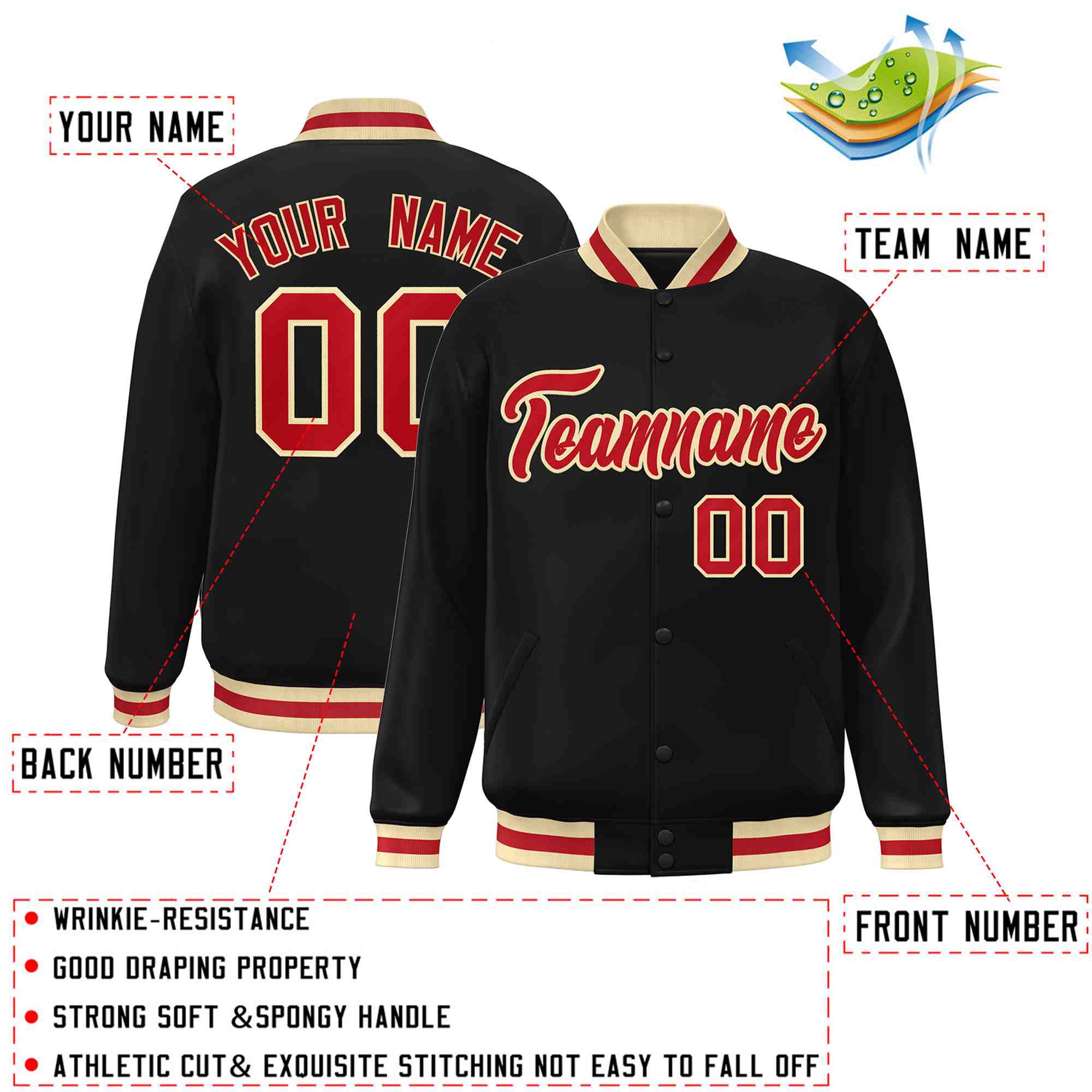 Custom Black Red-Khaki Classic Style Varsity Full-Snap Letterman Jacket