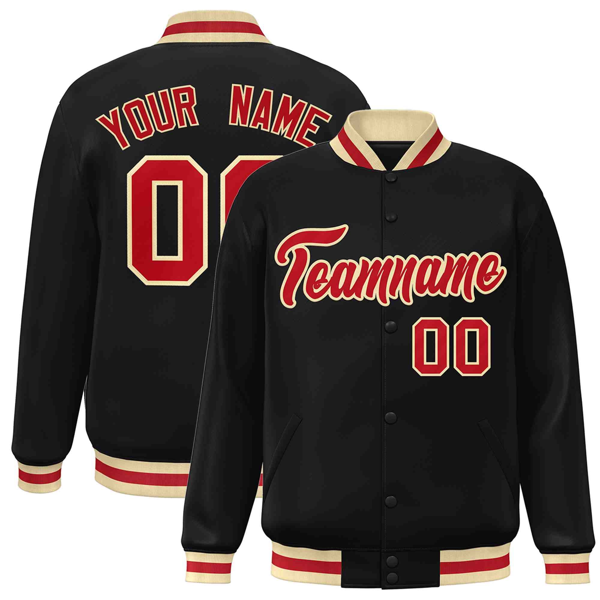 Custom Black Red-Khaki Classic Style Varsity Full-Snap Letterman Jacket