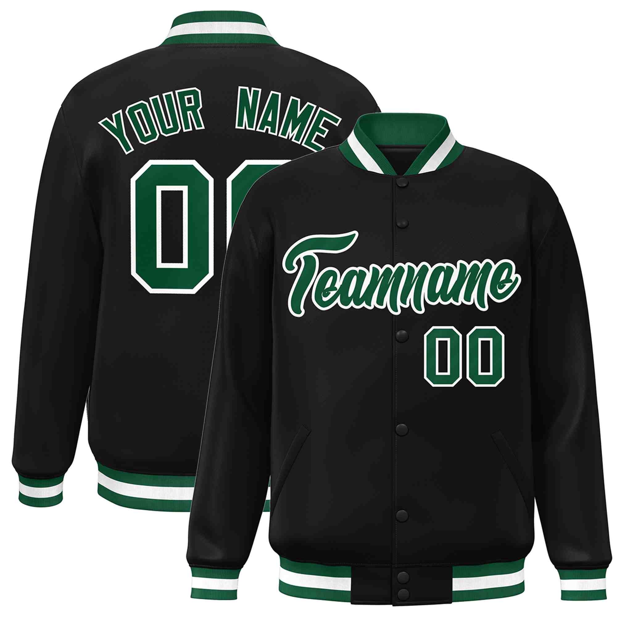 Custom Black Green-White Classic Style Varsity Full-Snap Letterman Jacket