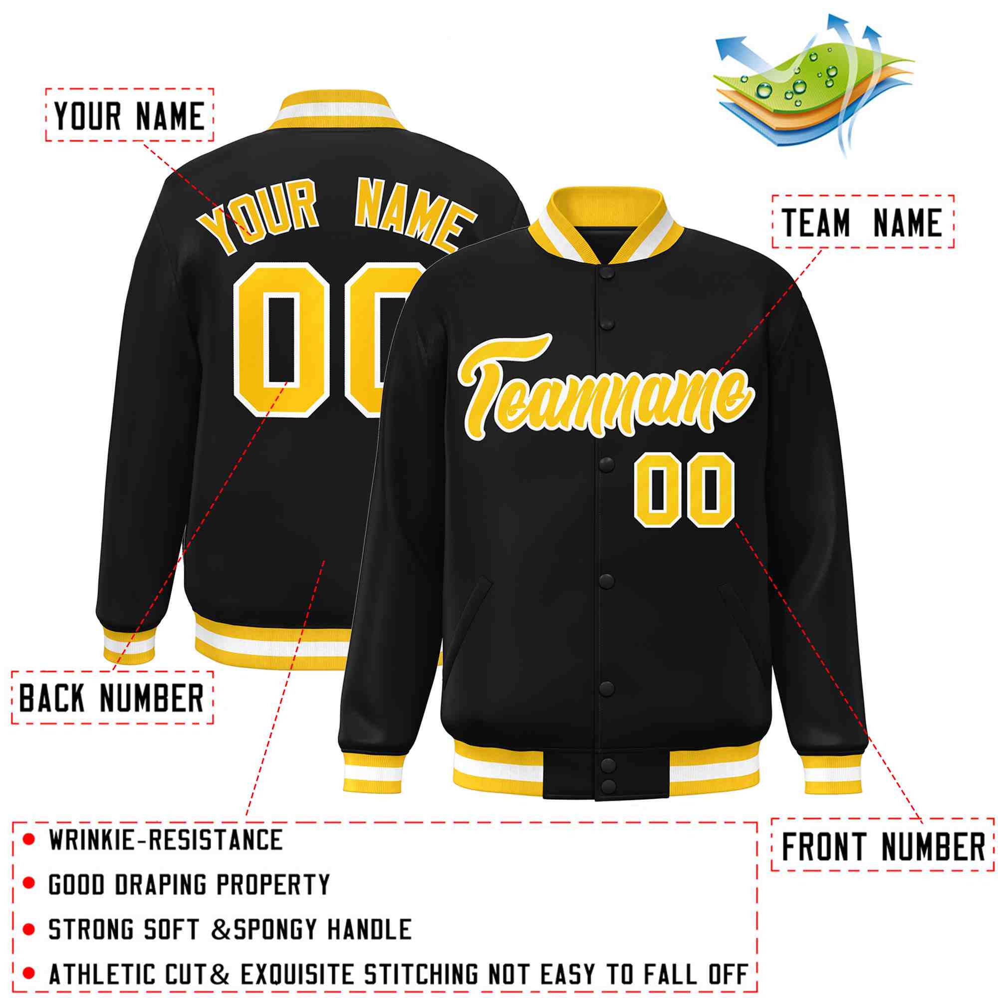 Custom Black Gold-White Classic Style Varsity Full-Snap Letterman Jacket