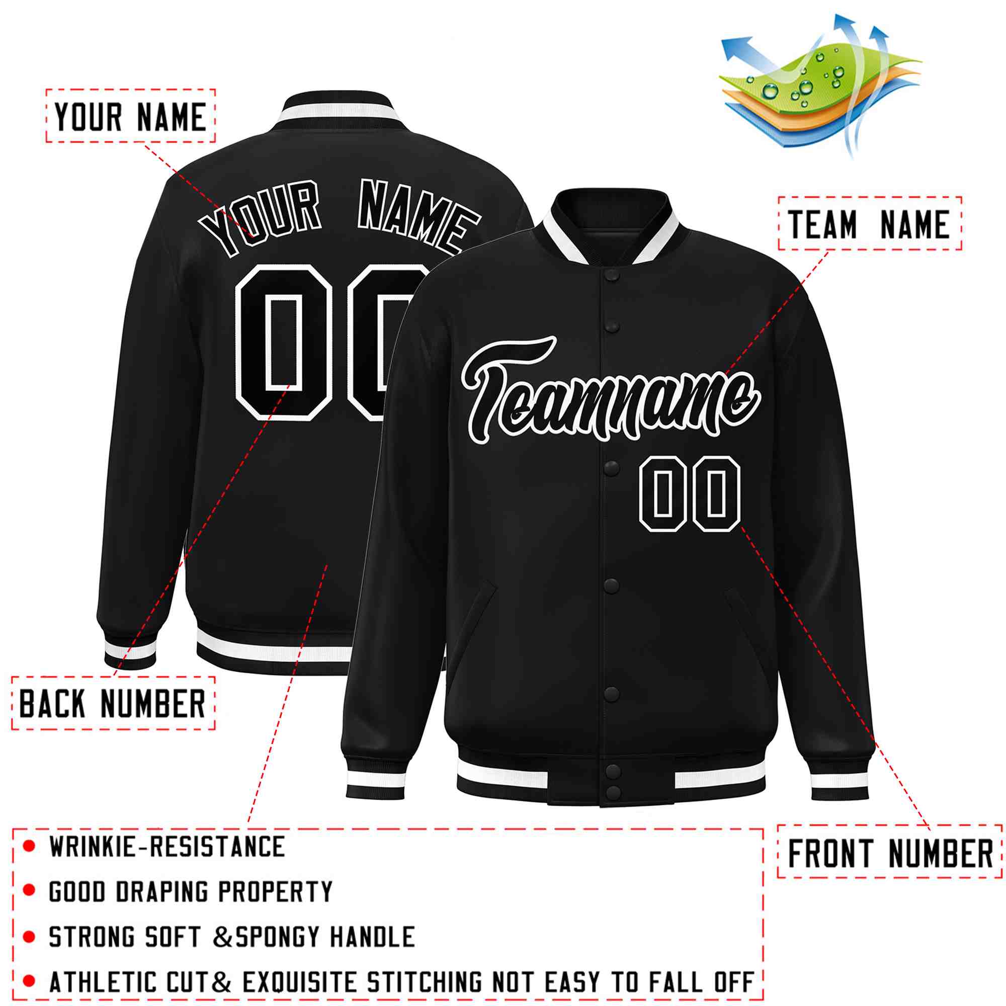 Custom Black Black-White Classic Style Varsity Full-Snap Letterman Jacket