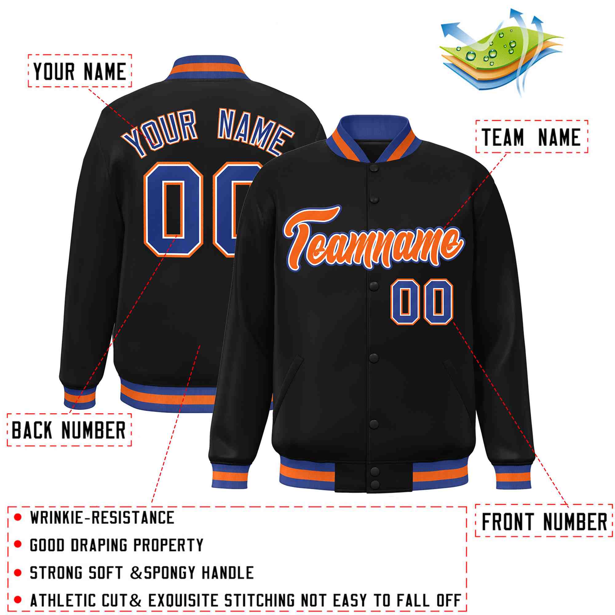 Custom Black Orange-White Classic Style Varsity Full-Snap Letterman Jacket