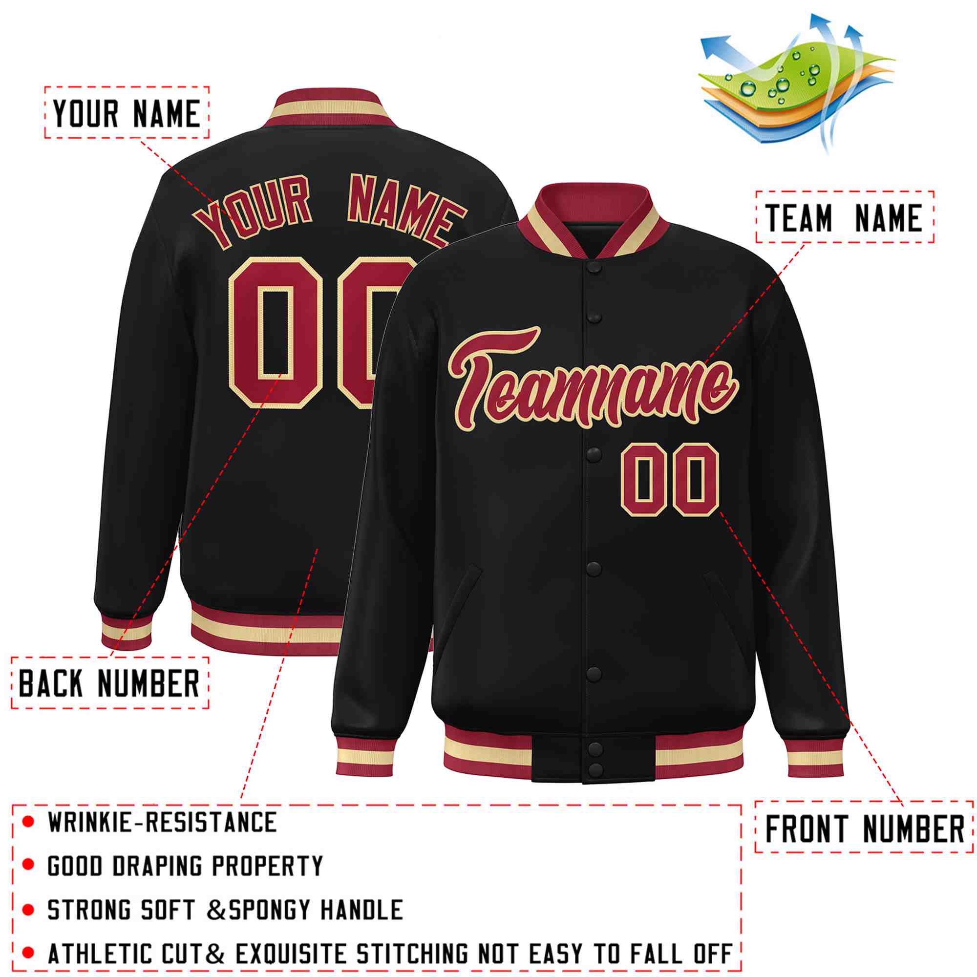 Custom Black Crimson-Khaki Classic Style Varsity Full-Snap Letterman Jacket