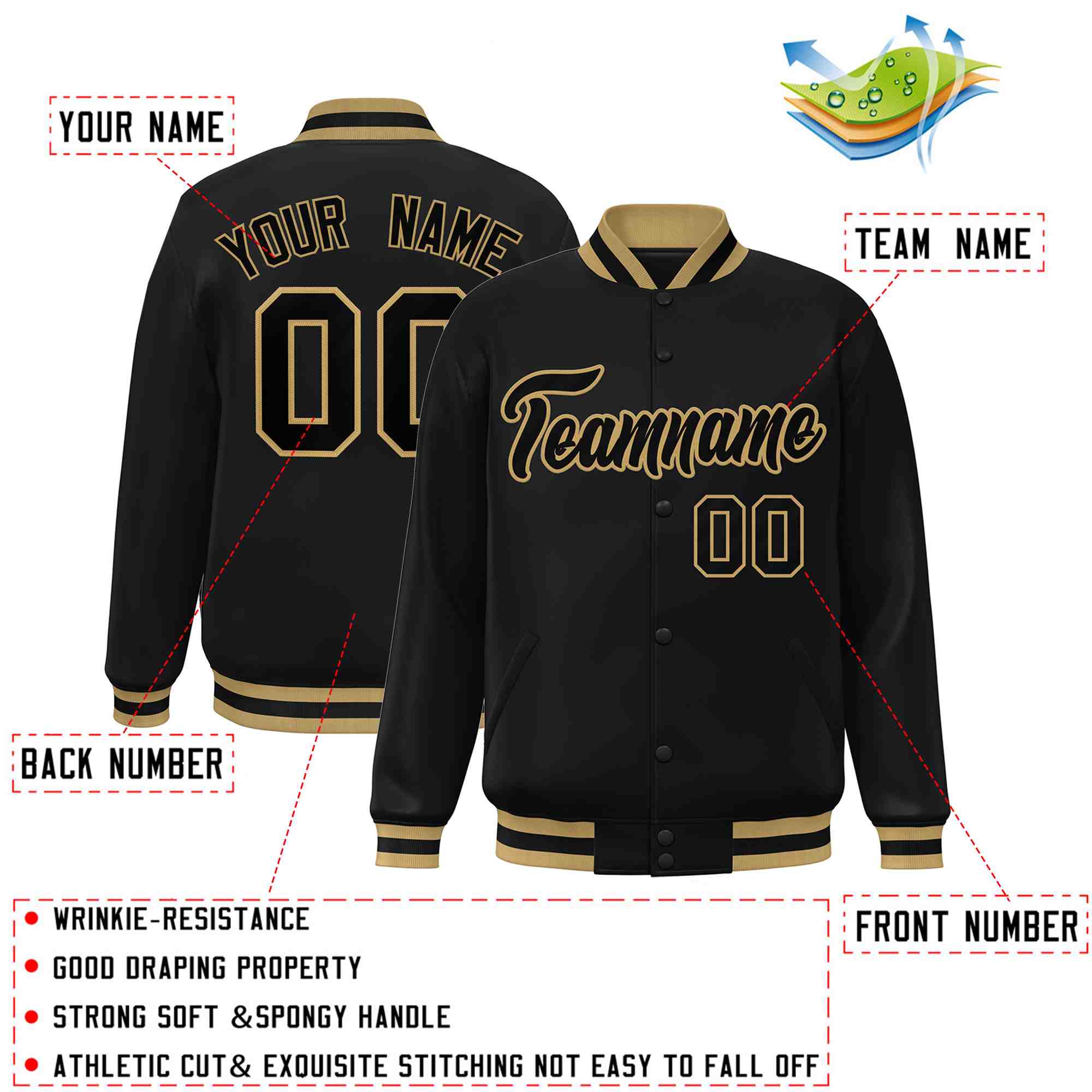 Custom Black Black-Old Gold Classic Style Varsity Full-Snap Letterman Jacket