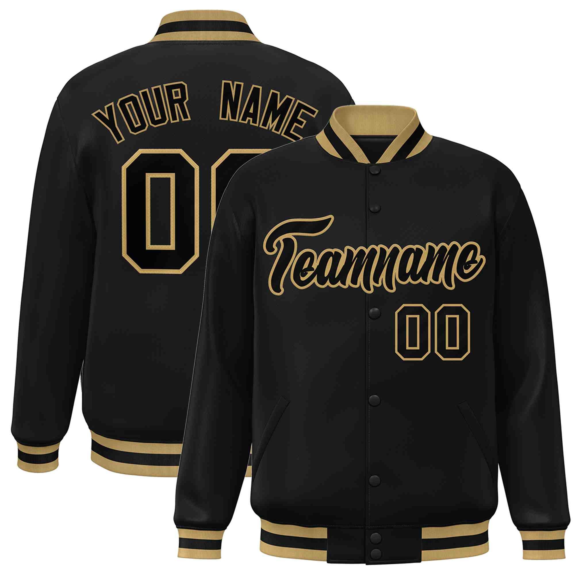 Custom Black Black-Old Gold Classic Style Varsity Full-Snap Letterman Jacket